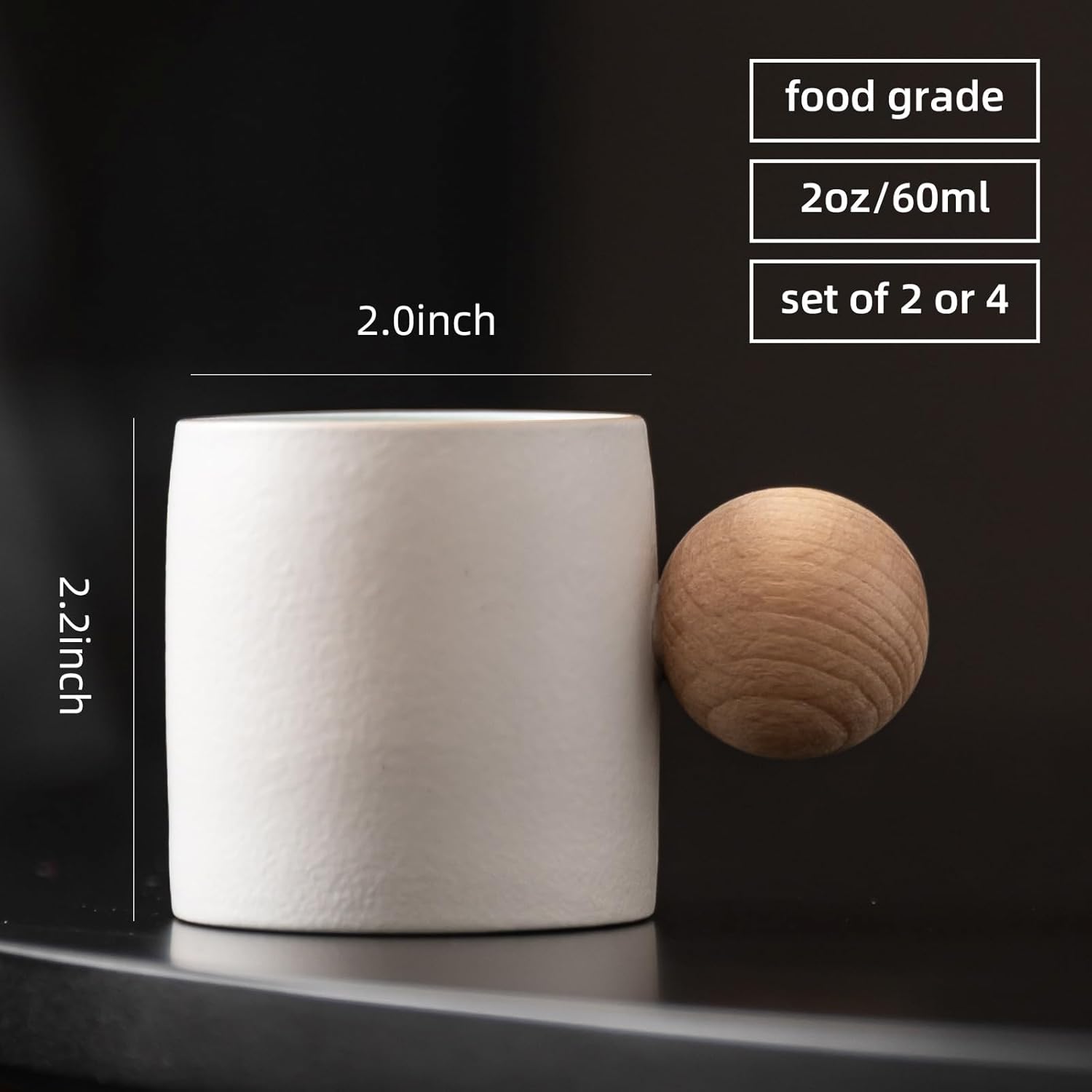 2-Oz Ceramic Espresso Cups with Wood Handle, 2/4-Piece Set for Coffee, Tea, Latte - Dishwasher Safe, Multi-Color & Wood Styles, Gift & Café Use (white, Round Handle4) - Image 2
