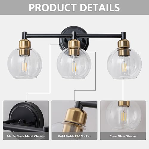 Miniatura 3 de Lámparas de baño, lámpara de tocador de baño moderna de 3 luces, aplique de pared negro y dorado con pantallas de globo de vidrio transparente,