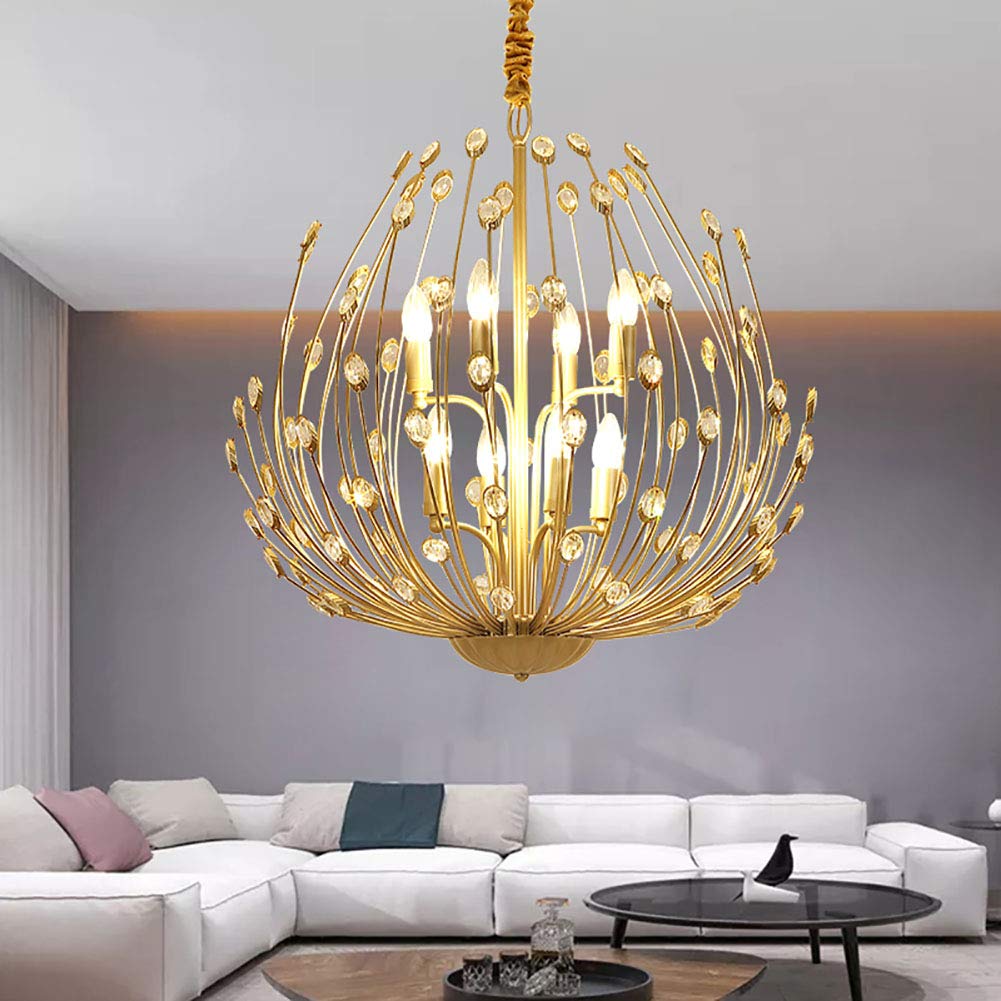 K9 Crystal Raindrop żyrandol, nowoczesna lampa wisząca w stylu industrialnym ze złotym żelazem do jadalni, łazienki, sypialni i salonu, 6 złotych świateł, pamiątkowa wizja