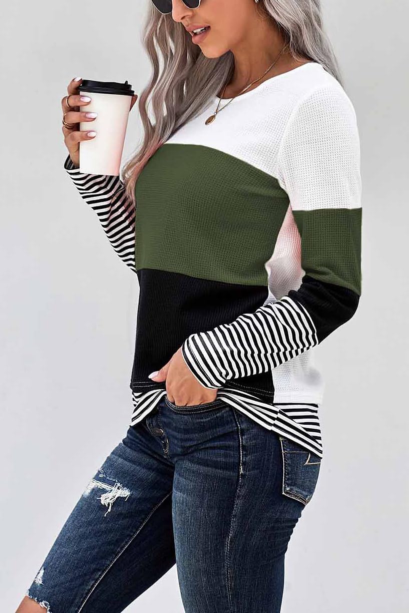 Women's Waffle Knit Color Block Tops Casual Long Sleeve Crew Neck T Shirts image 2
