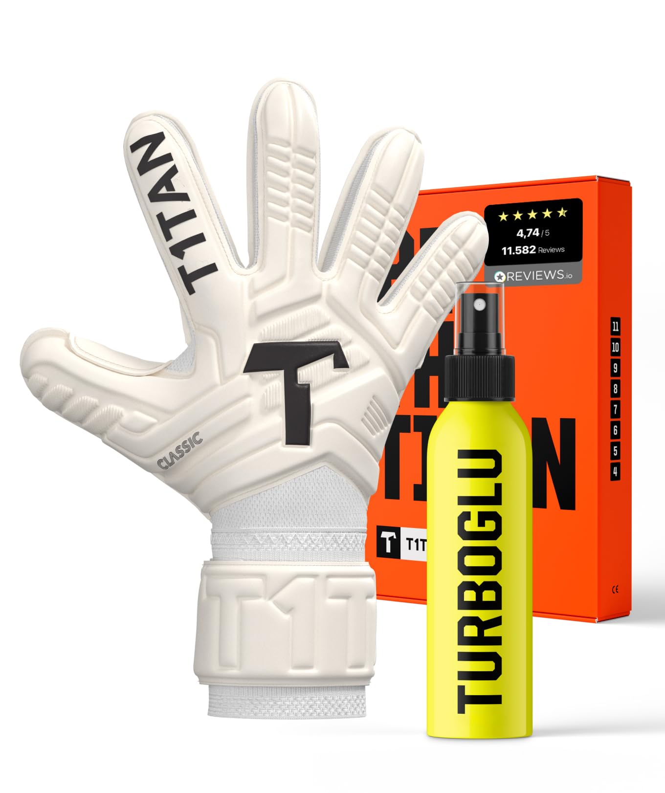 T1TAN Classic 1.0 White-Out (FP) + Turboglu - Goalkeeper Gloves and Grip Booster - with Finger Protection - Football Gloves for Goalkeepers - Size 4