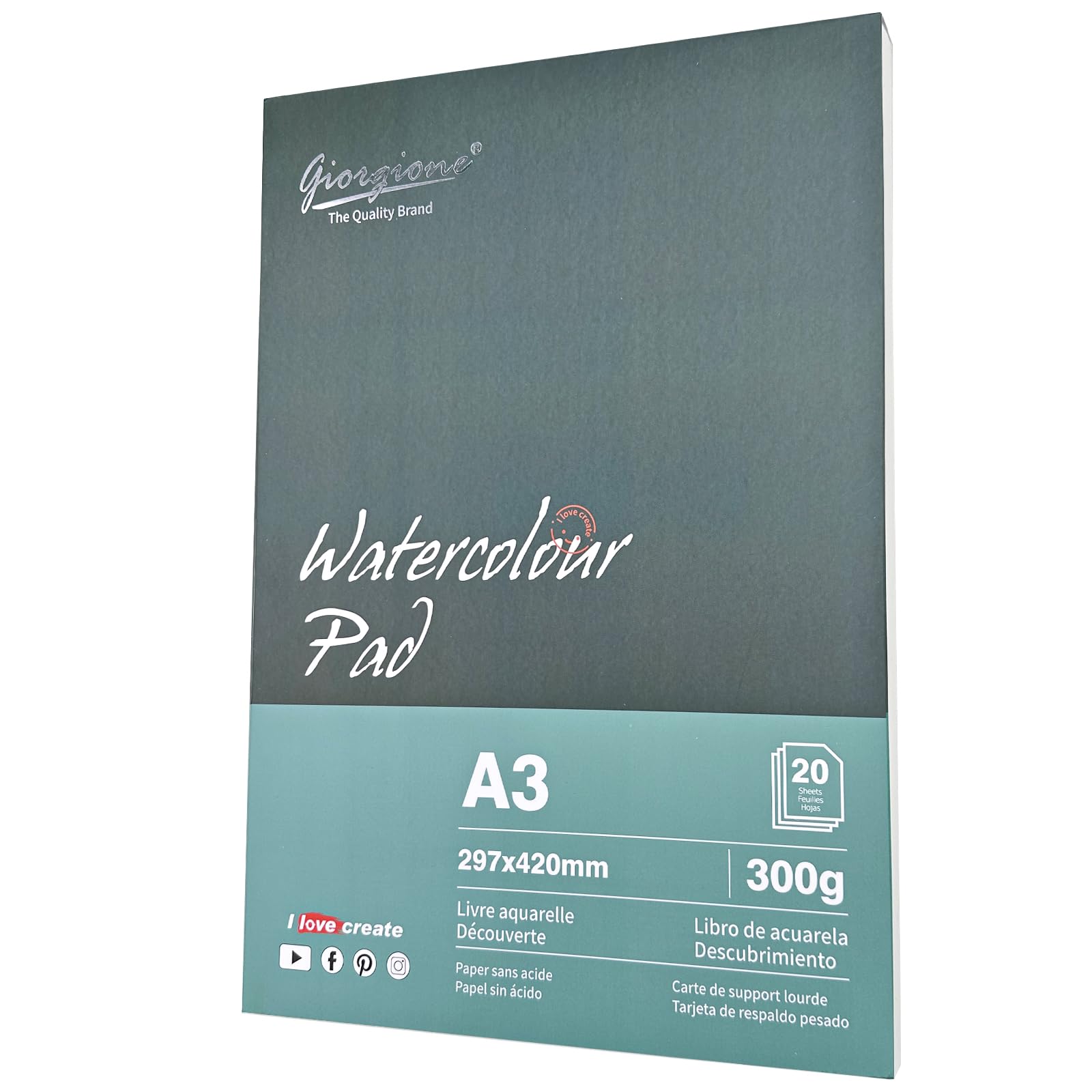 WinGluge Papel Acuarela A3, Cuaderno Acuarelas 300g/m2, Bloc Encolado con 20 Hojas Bloc de Dibujo, Bloque de Papel Acuarela Blanco para Niños Adultos profesional Pintar Dibujar y Bocetos 297 x 420mm