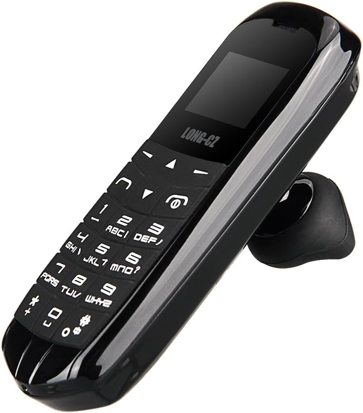 LONG-CZ J8 Unlock Smallest Phone Bluetooth Dialer Earphone 3in1 Mini Mobile Phone 0.66 inch Single SIM card MP3 SMS Low Radiation Cell Phones (Black)