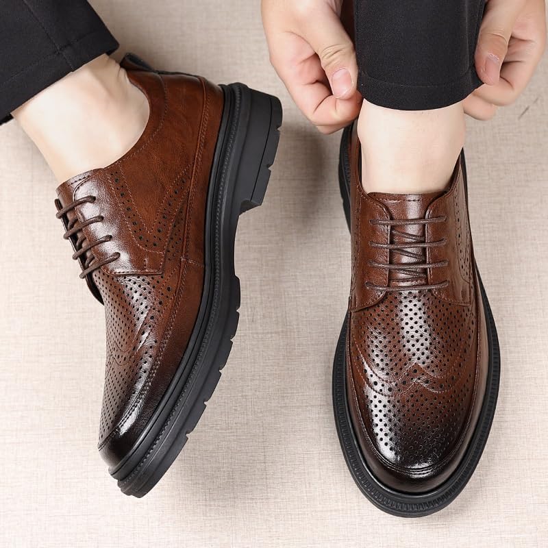 YZABEL Men's Patent Leather Platform Formal Oxford Shoes, Summer Breathable Hollow Lace-Up Pointed Toe Casual Shoes, Rubber Non-Slip for Formal and Everyday Wear2