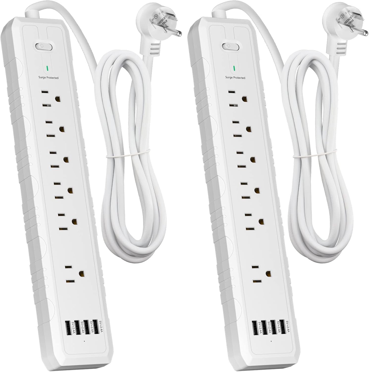 Power Strip, 2 Pack Surge Protector with 6 Outlets & 4 USB Charging Ports, Angled Flat Plug, Spaced Outlets & ETL Listed Power Outlet for Home Office - White