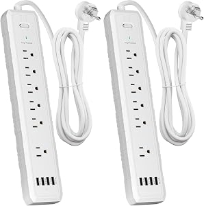 Power Bar, 2 Pack Power Strip Surge Protector with 6 Outlets & 4 USB Charging Ports, MKSENSE Angled Flat Plug, Spaced Outlets & ETL Listed Power Outlet for Home Office - White