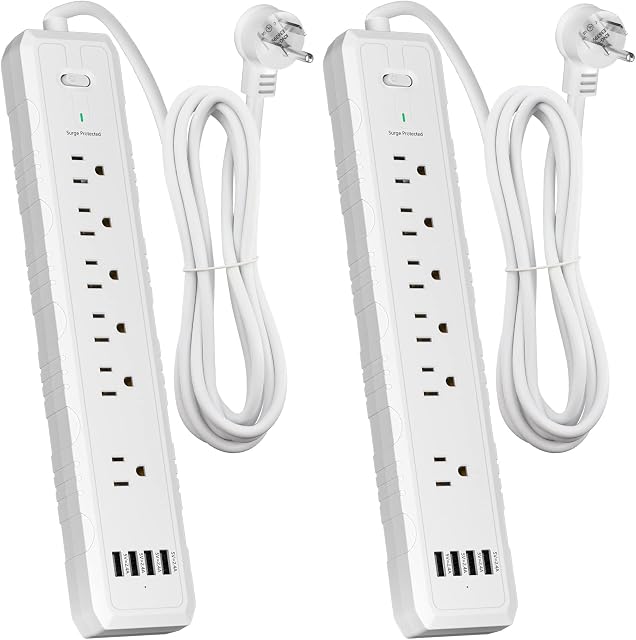 Power Bar, 2 Pack Power Strip Surge Protector with 6 Outlets & 4 USB Charging Ports, MKSENSE Angled Flat Plug, Spaced Outlets & ETL Listed Power Outlet for Home Office - White