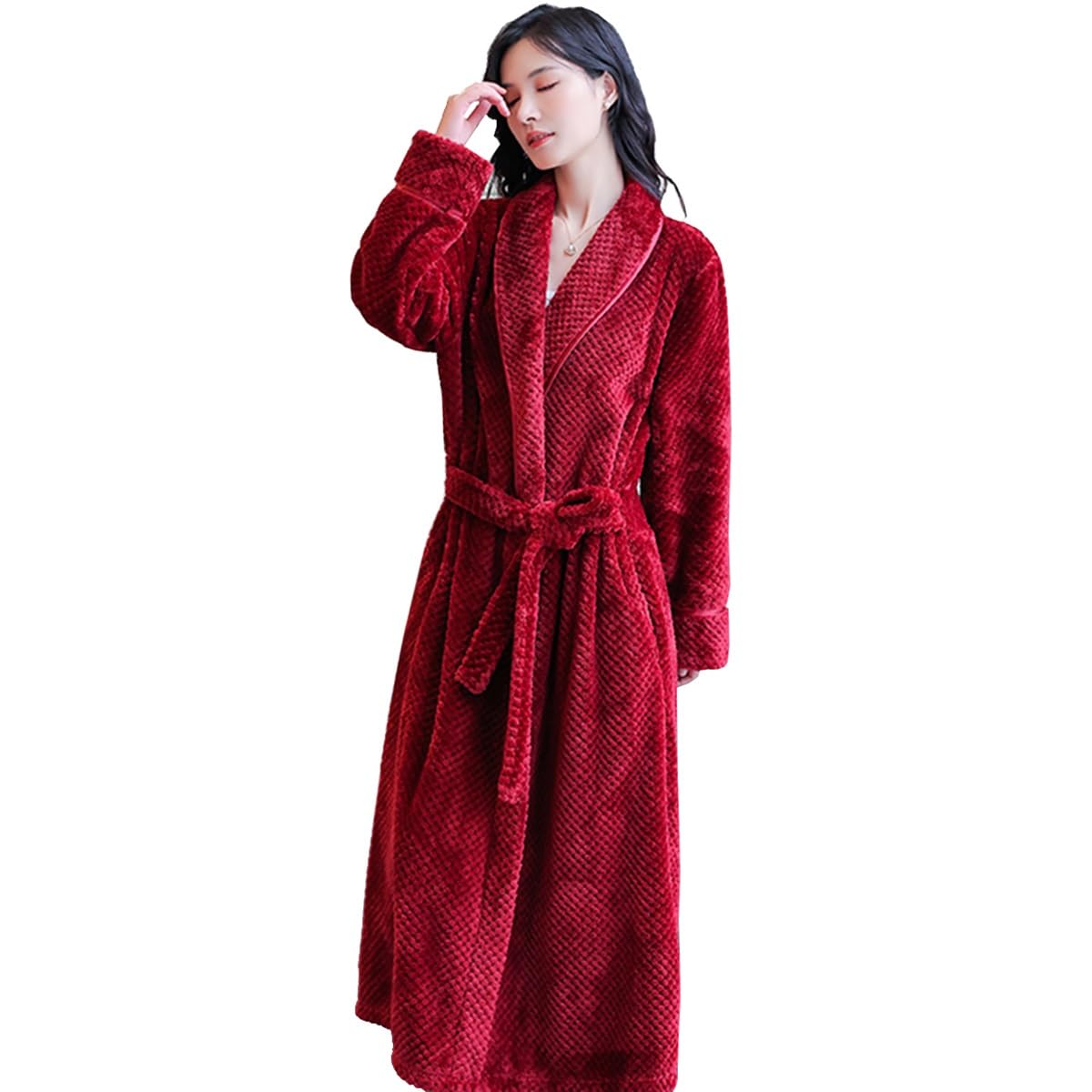 Flanelowy Szlafrok Damski Szlafroki Męskie Długa Bielizna Nocna Koszule Nocne Długi Rękaw Pełna Długość Bielizna Nocna Ciepła Koszula Nocna Z Kieszenią(/Red,3XL women)