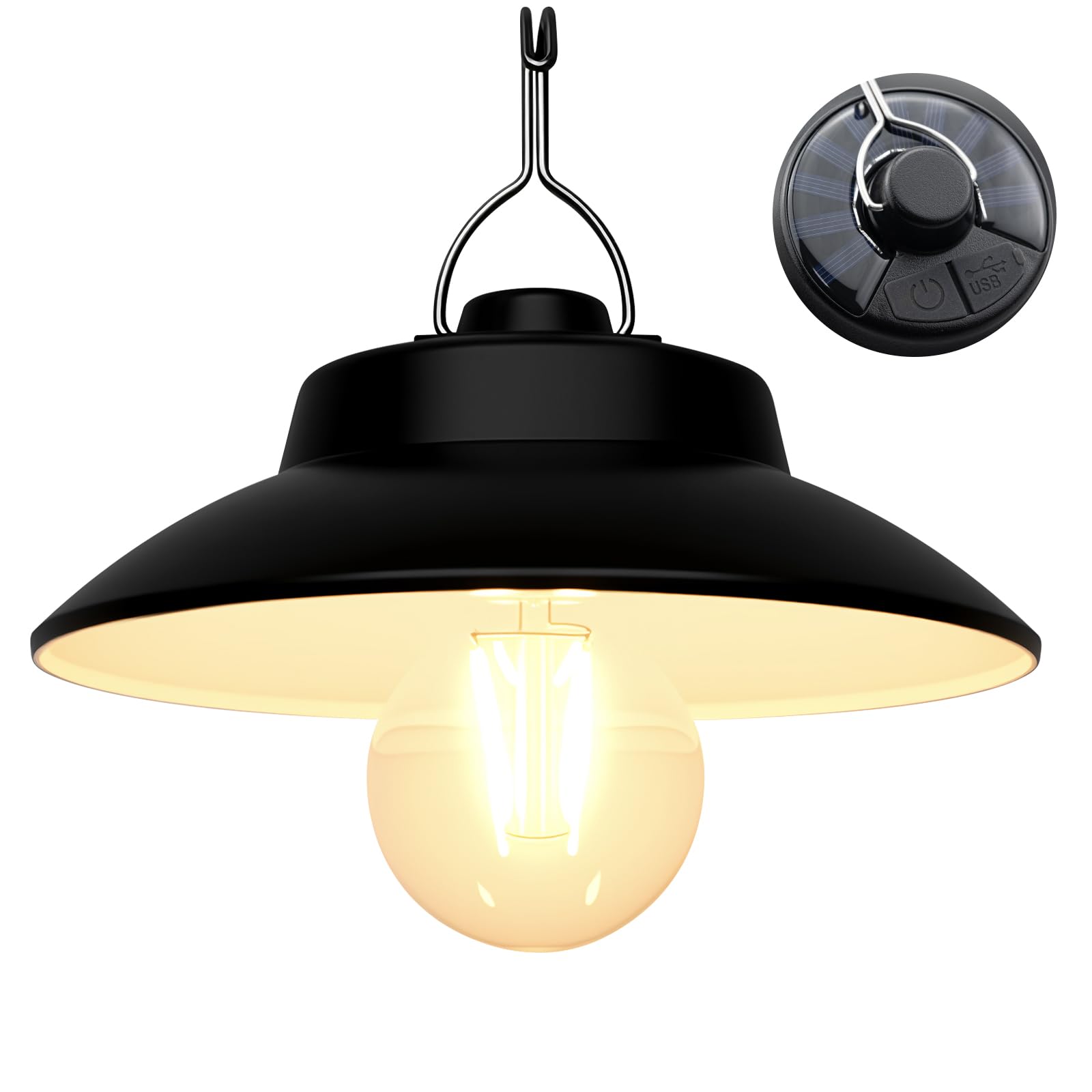 Solare Lanterna da Campeggio Retrò LED Ricaricabile – 200 Lumen, 2600mAh, Pannello Solare Integrato & USB-C, IPX4, 2 Modalità, Luce Bianca Calda, per Campeggio, Giardino, Emergenze