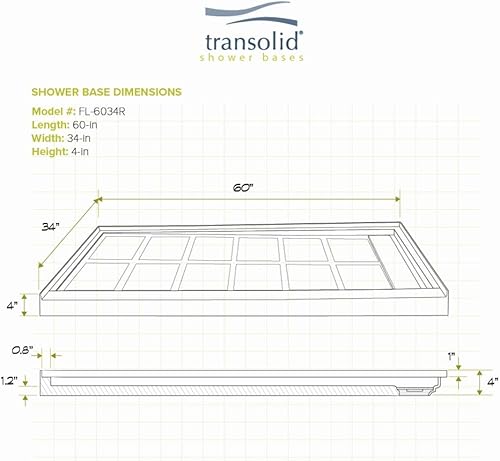 Miniatura 4 de Transolid FL6034R-39 - Base de ducha rectangular lineal de 60 pulgadas de ancho x 34 pulgadas de largo, con drenaje a la derecha, color gris
