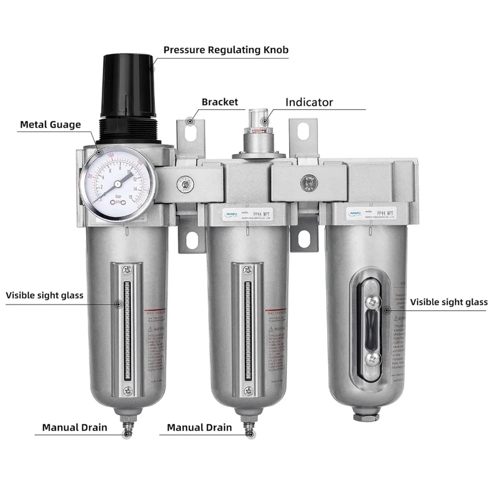 1/2 NPT Przemysłowy 3-stopniowy system osuszania powietrza - filtr cząstek stałych, filtr koalescencyjny, osuszacz adsorpcyjny i regulator powietrza