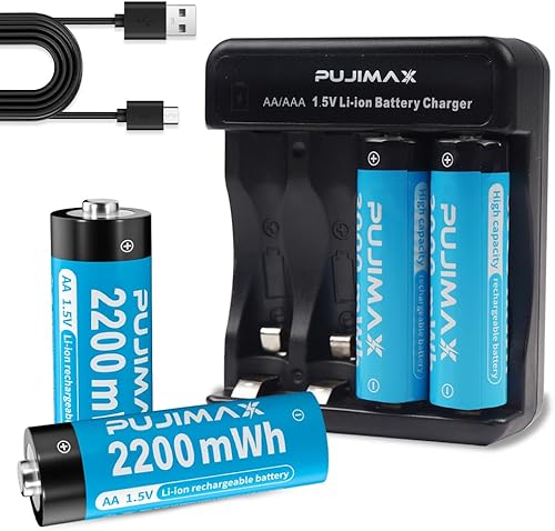 Miniatura 1 de PUJIMAX Baterías recargables AA de litio con cargador, batería recargable de litio AA de 1.5 V de 2200 mWh, 1500 ciclos, carga rápida de 1.5 horas,