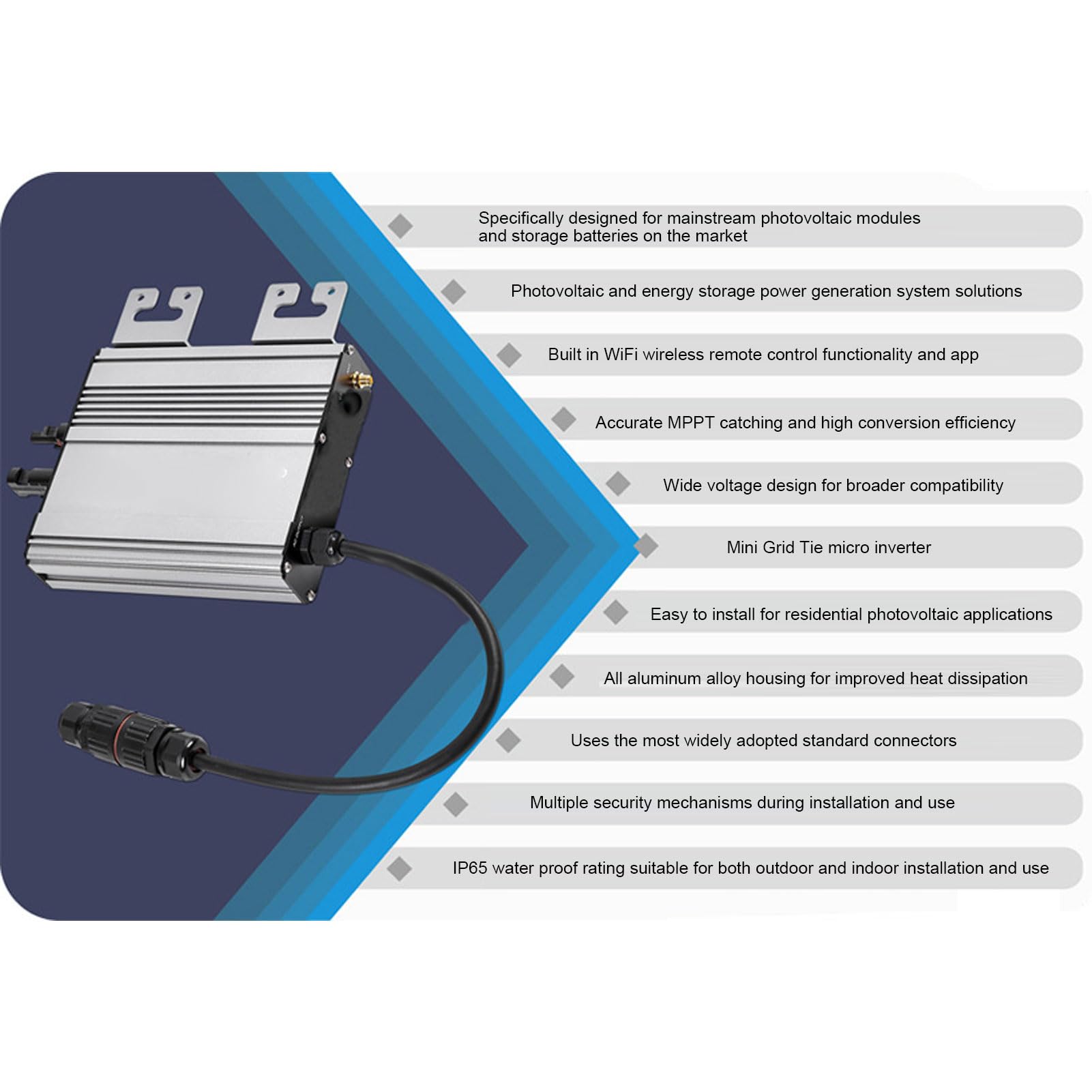 Solar Grid Tie Wechselrichter 700W mit WiFi, DC 20V auf 60V PV Module oder DC 36V/48V Batterie Eingang MPPT Mikro Wechselrichter, AC 180V auf 265V Ausgang IP65 Wasserdicht App Überwachung