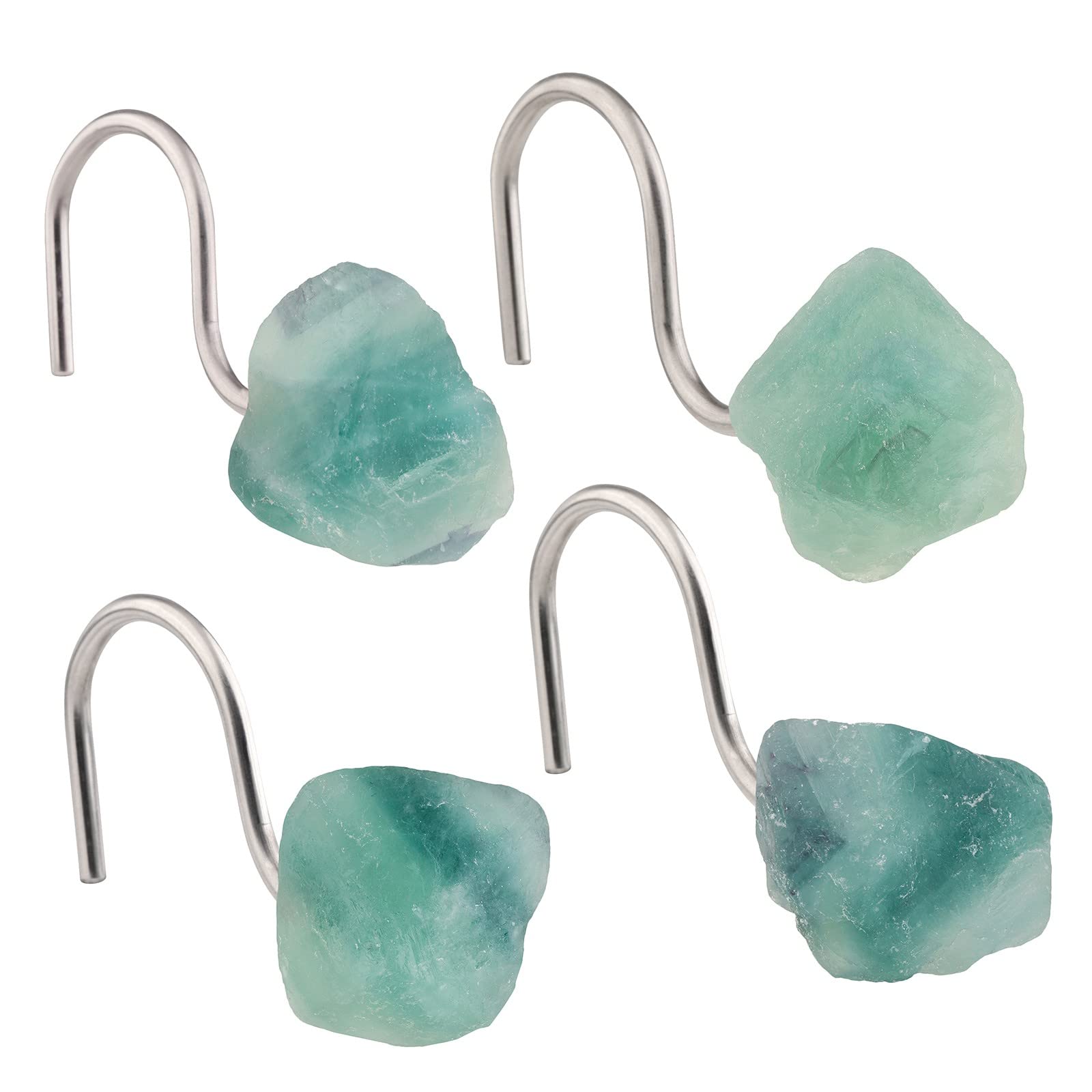 Photo 1 of mookaitedecor Set of 4 Natural Green Fluorite Crystal Shower Curtain Hooks, Decorative Raw Crystals Stainless Steel Curtain Rings for Bathroom Home Decor