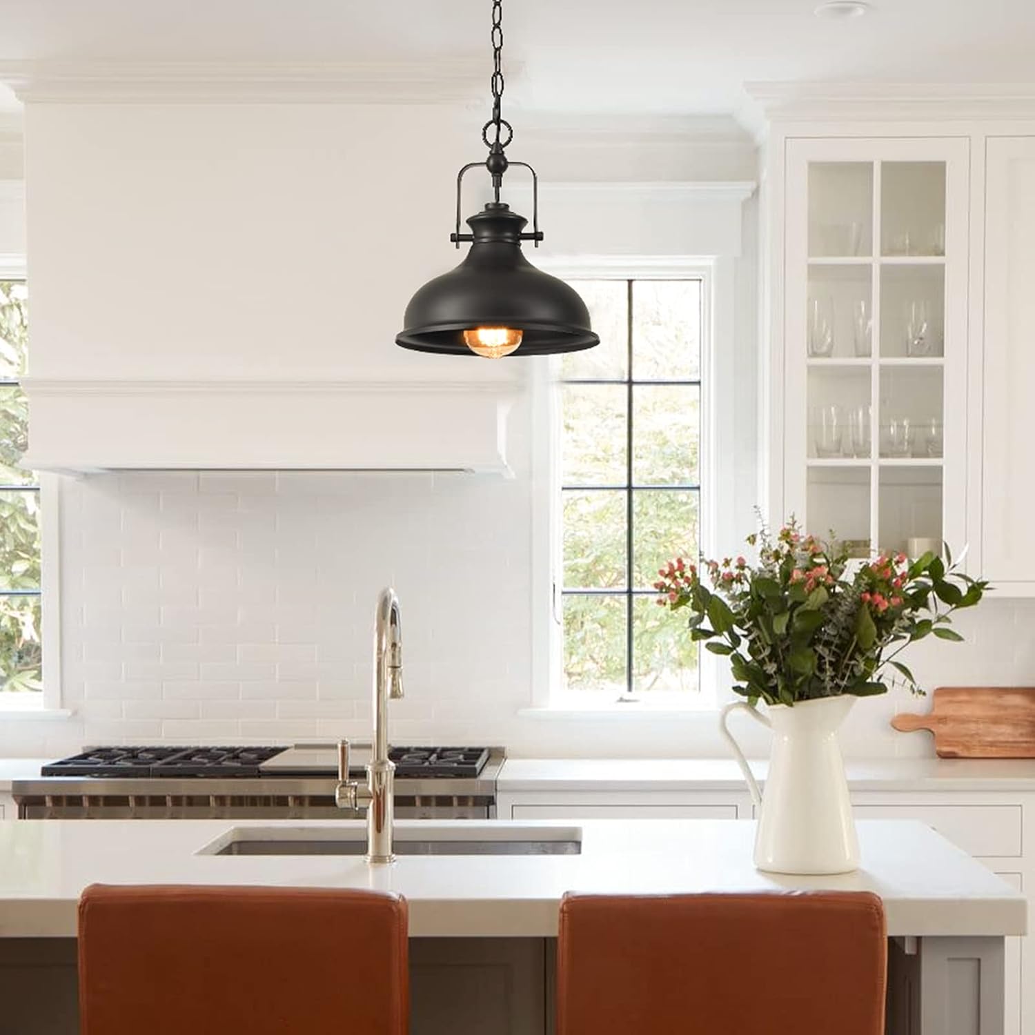 GZBtech Industrial Dome Pendant Light, Metal Chain Adjustable Farmhouse Hanging Light, 50.5 Inches Vintage Rustic Lighting Fixture with Polished Black Finish for Kitchen Dinning Room Barn, UL Listed