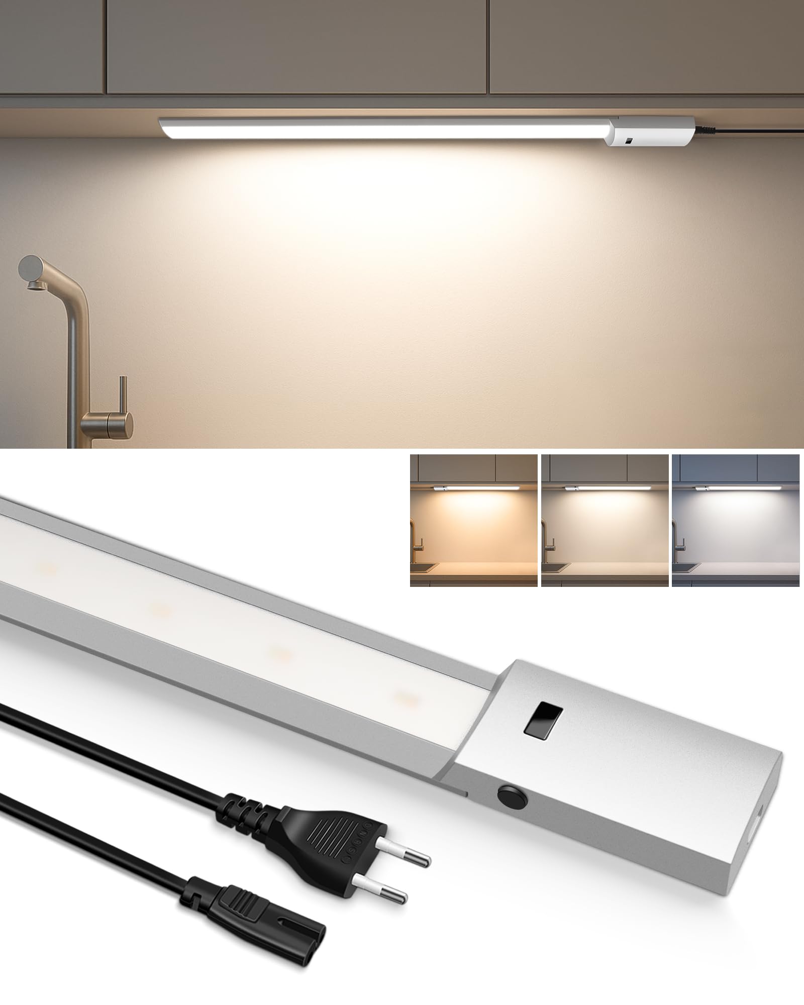 ALUSSO 60cm Unterbauleuchte küche LED Dimmbar, 3 Farbtemperatur Lichtleiste mit Berührungsloser Sensor, Ultra Dünn Unterschrank Beleuchtung für Schrank, Regale, Werkbank, 780Lumen