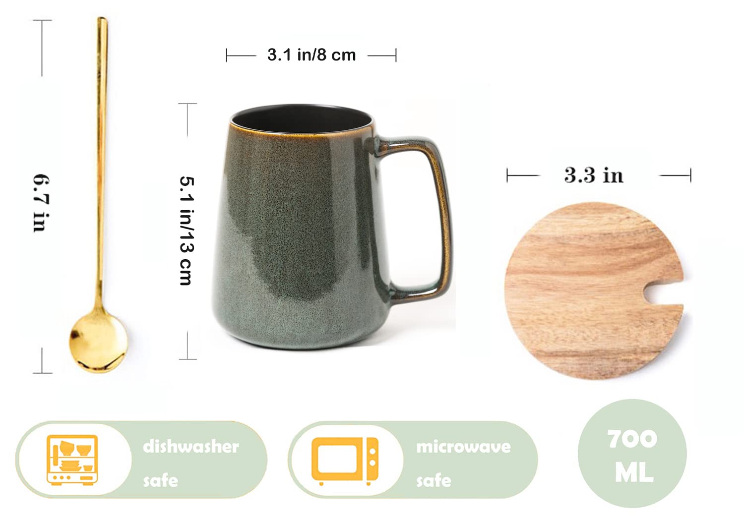 Large Ceramics Coffee Mugs,24 OZ,With Spoon And Wooden Lid,For Coffee,Tea,Cocoa,Large Handle Design,Microwave And Dishwasher Safe(Color:24 oz green set)