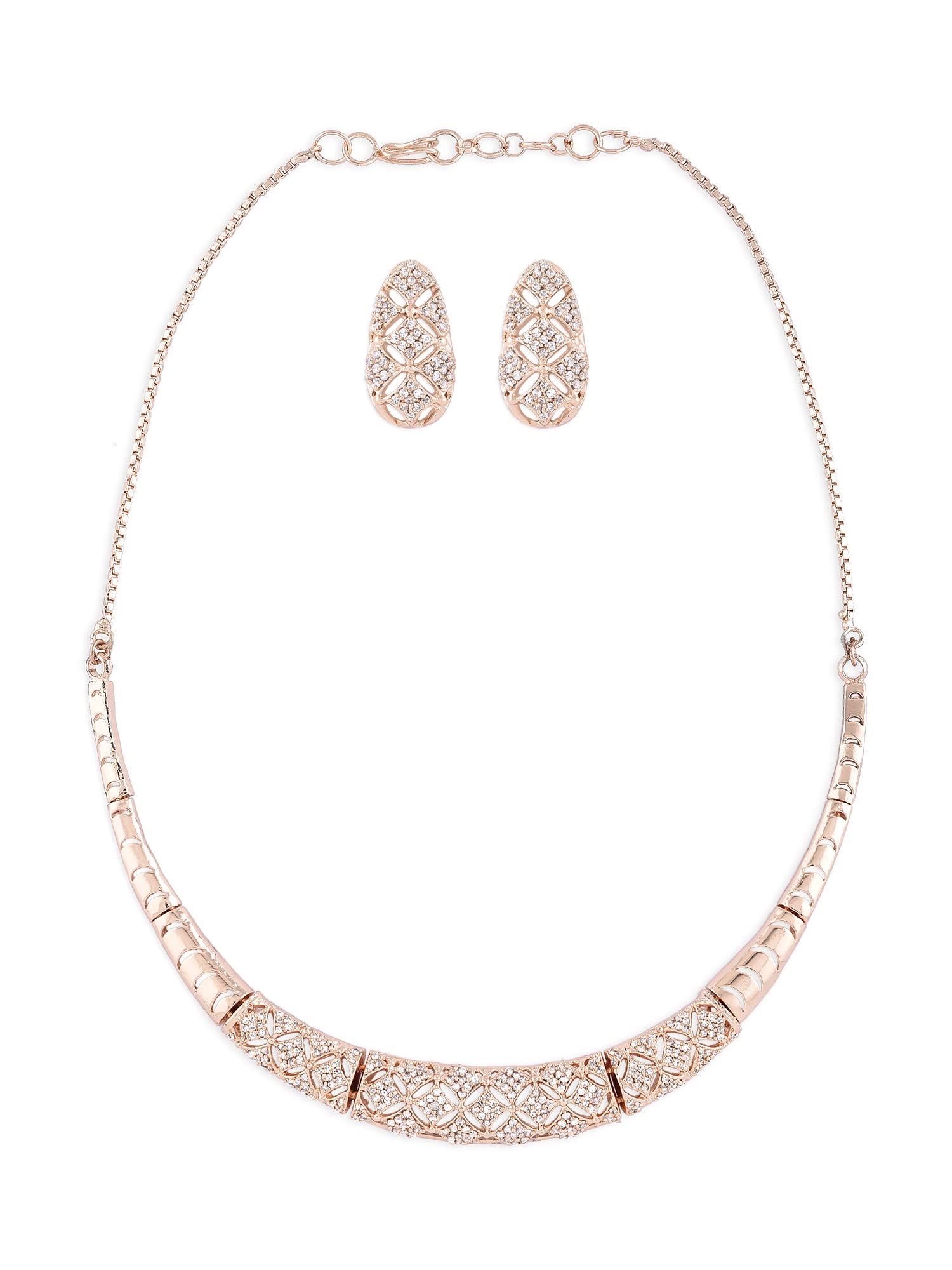 Rose Gold Cubic Zirconia Party Bling Necklace & Earring Set For Women-ZPFK15274