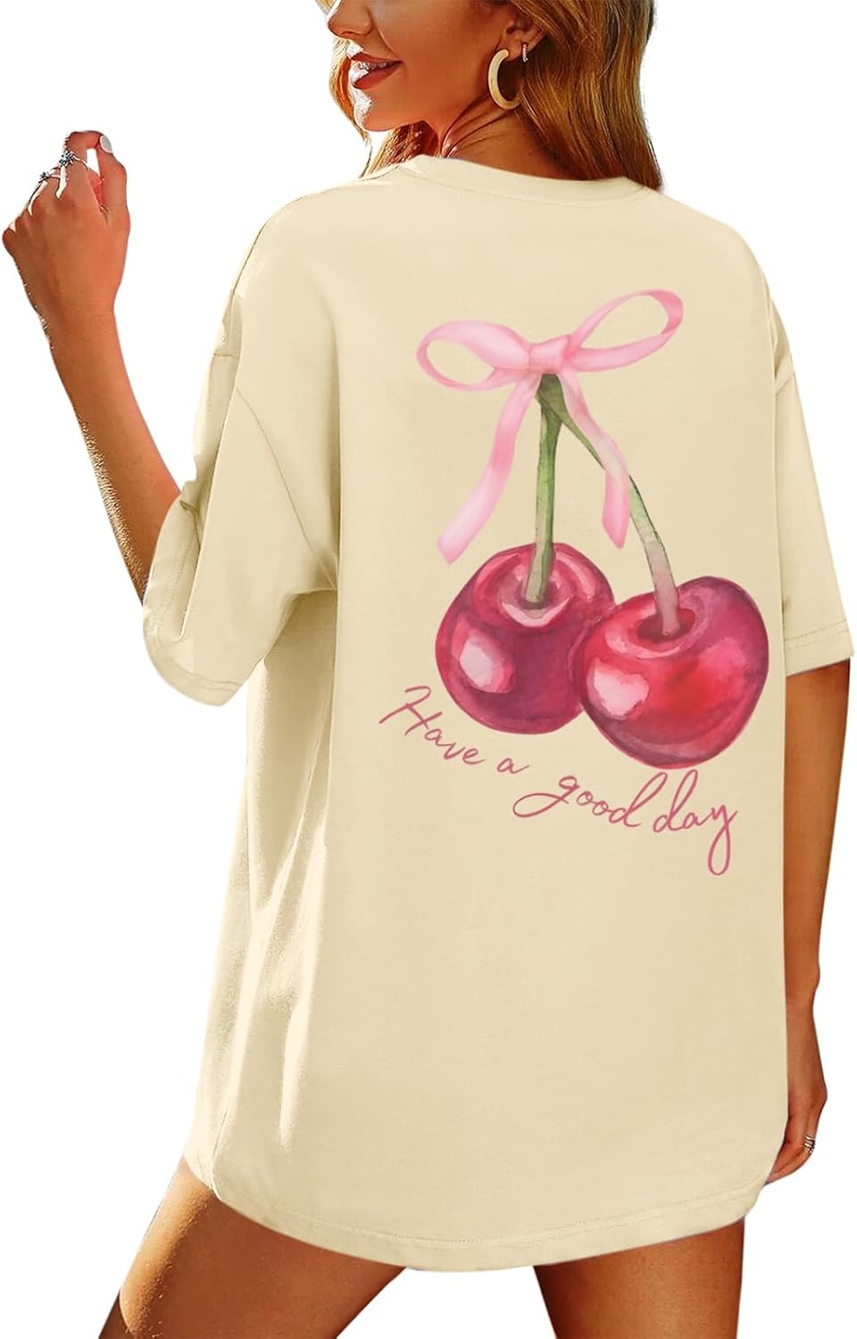 BINTEHGS Oversized Graphic Tees for Women Trendy Cherry Printed Shirt Cute Summer Aesthetic Cotton Tshirts Tops for Teens