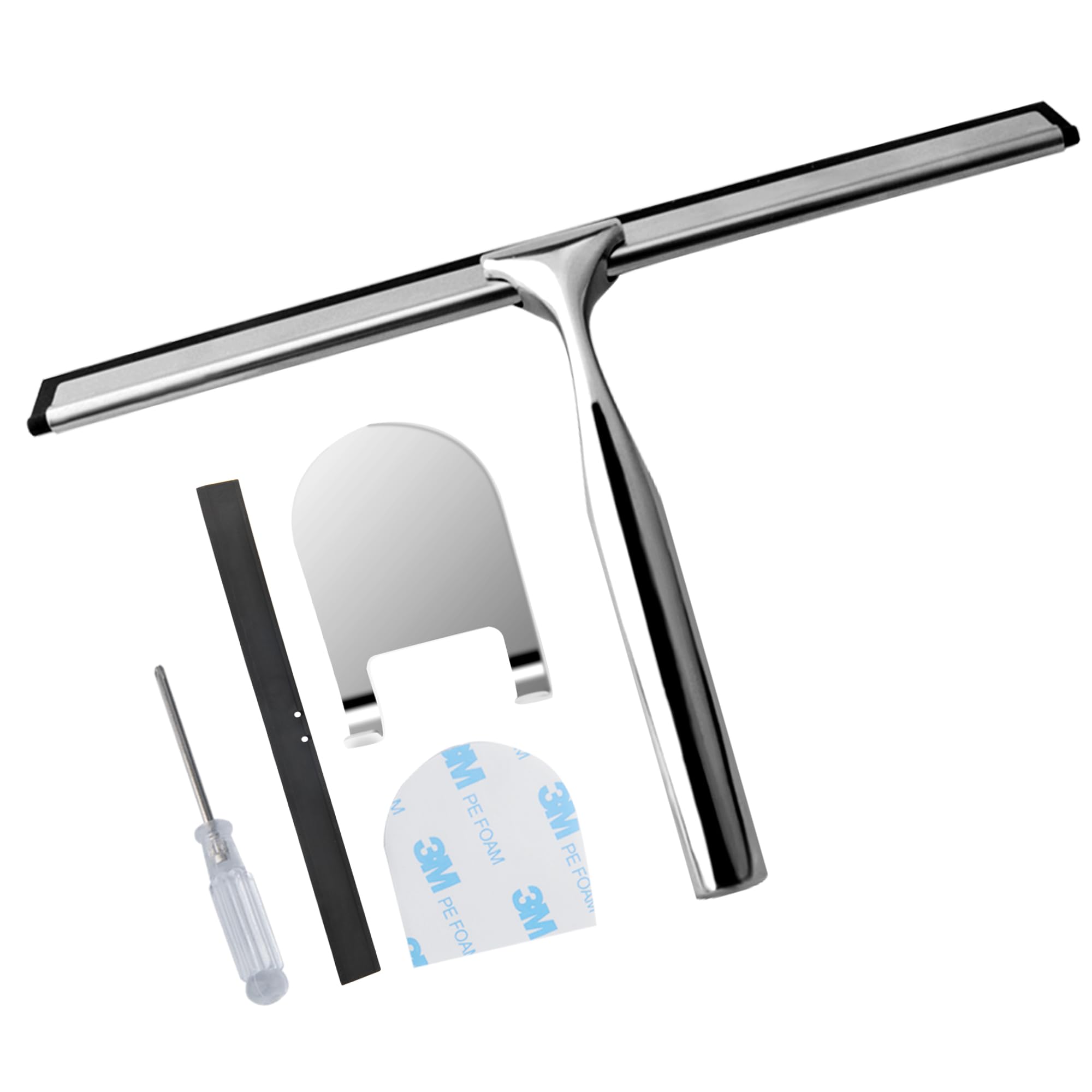 Silver Stainless Steels Shower Squeegee for Shower Doors, Bathroom and Glass Cleaner Squeegee for Bathroom Door Mirror Car Glass Wiping Tool，With 1 Replacement Rubber Squeege