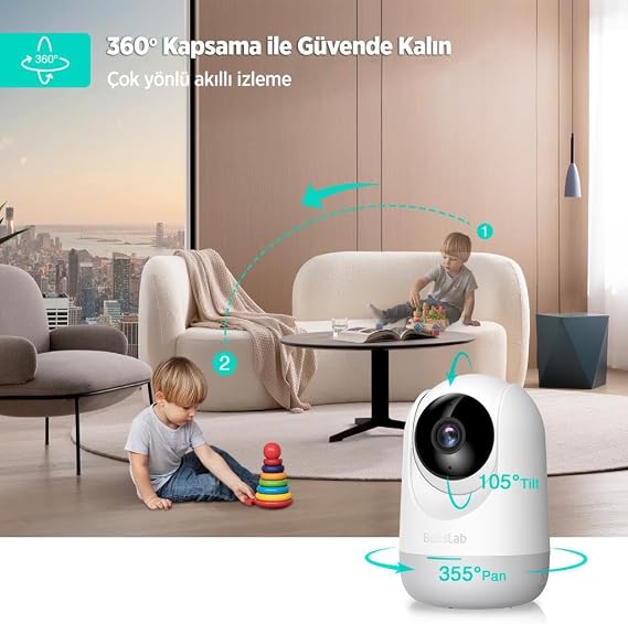 Botslab C211 2K Pro WiFi 360° Akıllı Güvenlik Kamerası İç Mekan IP Kamera Bebek Monitörü Evcil Hayvan Kamerası Hareket Algılama İnsan Takibi İki Yönlü Ses Gece Görüşü