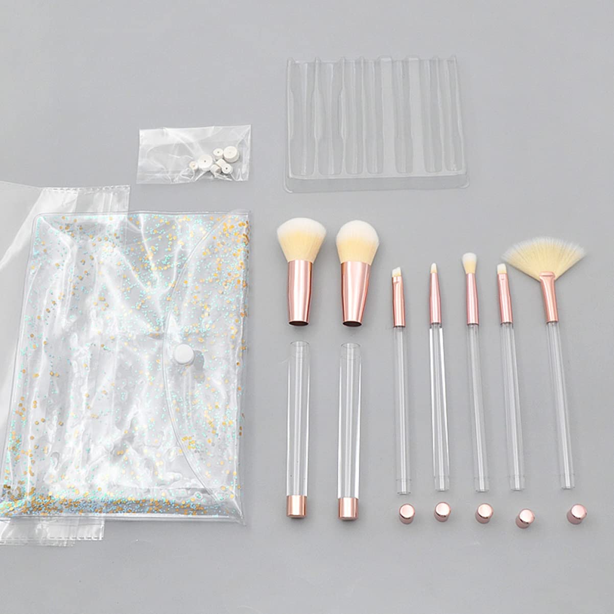 POPETPOP 21pezzi Pennelli Per Trucco Cristallo Trasparente Manico Vuoto Strumento Diy Per Cosmetici Con Set Di Pennelli Per Makeup Manico Trasparente Rosa Oro Base Gialla Setole Bianche