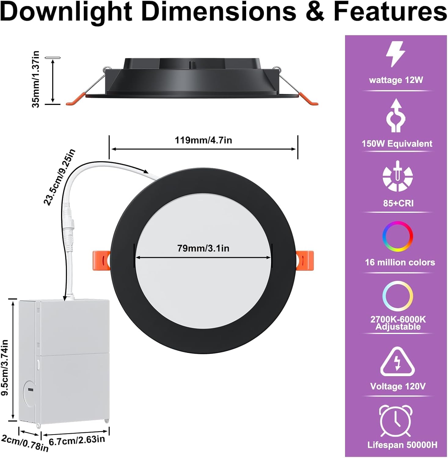 SikSog Black 24 Pack Smart Recessed Lighting 4 Inch RGBCW Color Changing 12W LED Downlight with Junction Box,1080 Lumen Recessed Ceiling Light Compatible with Alexa,Dimmable by Bluetooth Control