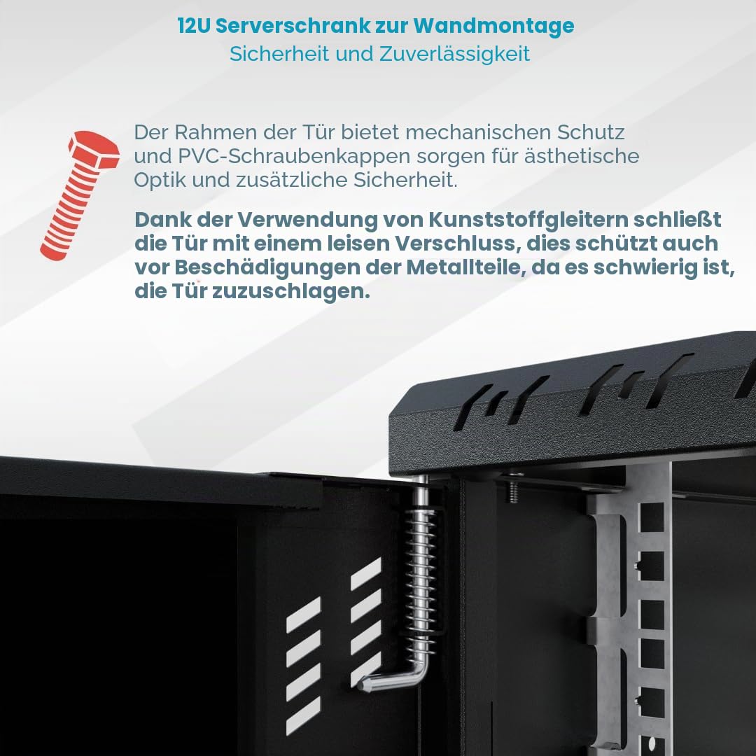 Netzwerkschrank 19 Zoll - Serverschrank 12HE - Server Rack für Wandmontage - Traglast 55kg - 450mm Tiefe - Serverschrank 19 Zoll zum Serverraum, Büro - Schwarz