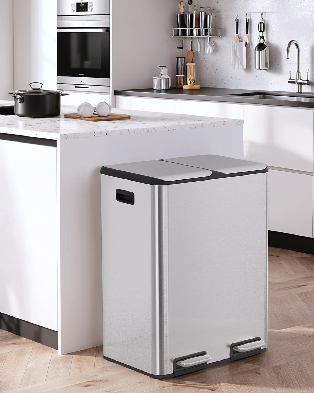 LIFERUN Poubelle à 2 compartiments, 2 x 30 l, à pédale, avec filtre anti-odeur, couvercle silencieux, seau intérieur en plastique, système de tri des déchets, double poubelle en métal, pour cuisine