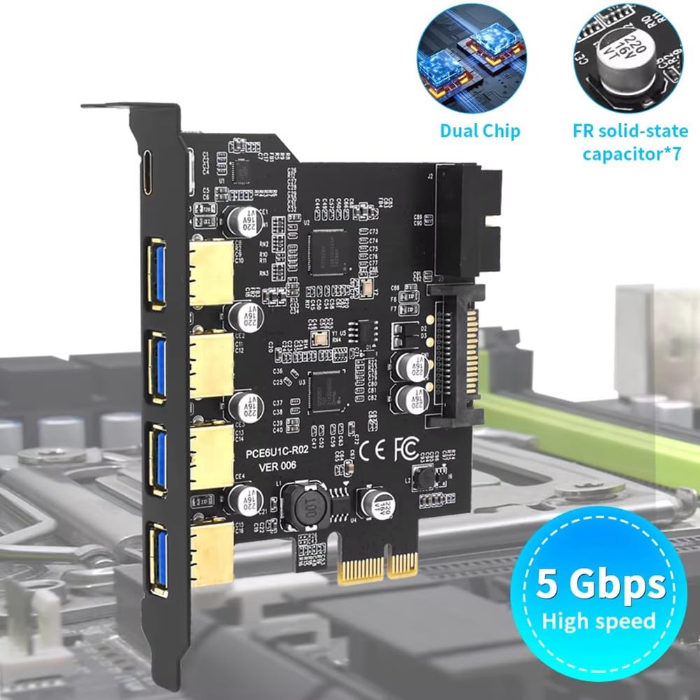 Tarjeta de Expansión PCI-e Tipo C USB 3.0, Adaptador de Tarjeta PCI-e 1x A USB 3.0, 4 Puertos USB 3.0 + 1 Puerto USB 3.1 PCI-e