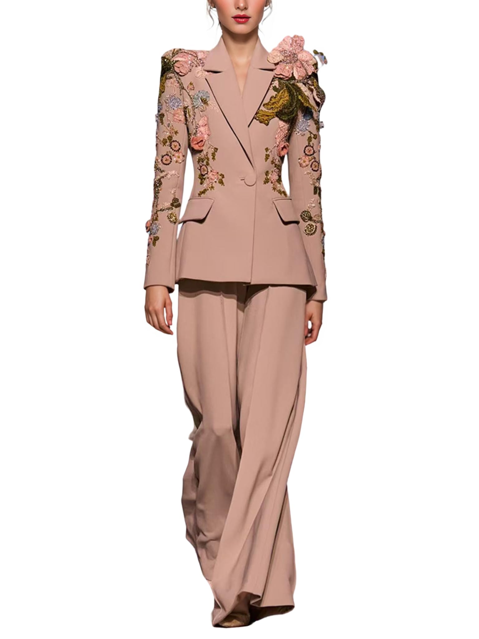 Womens Designer Embroidered Suit Set 3D Flowers Beaded Blazer and Wide Leg Trousers 2PSC for Formal Occasions