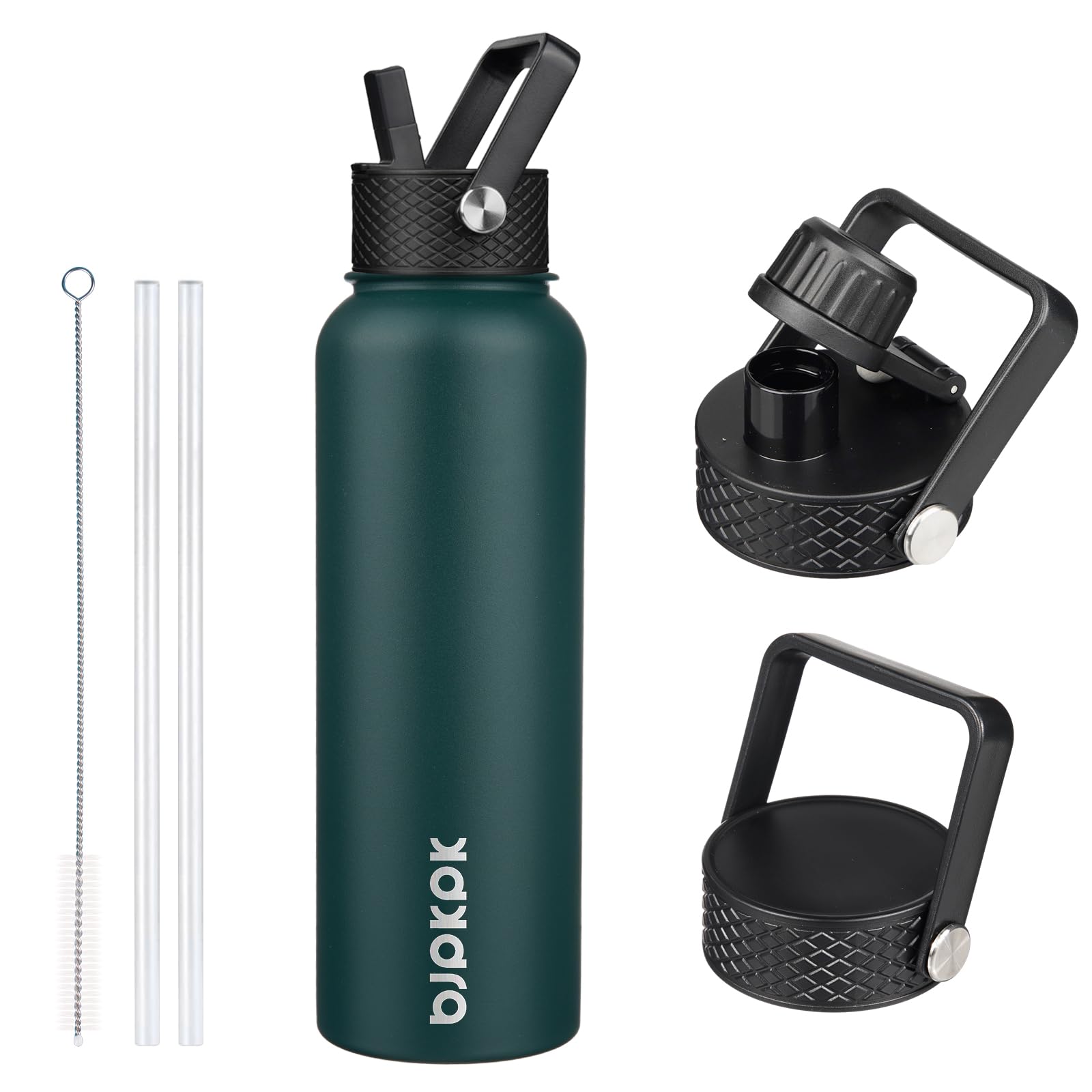 BJPKPK Insulated Water Bottles with Straw Lid, 40oz Stainless Steel Water Bottles with 3 Lids, BPA Free Leakproof Thermo, Tumblers, Cups for Sports, Gym- Army Green