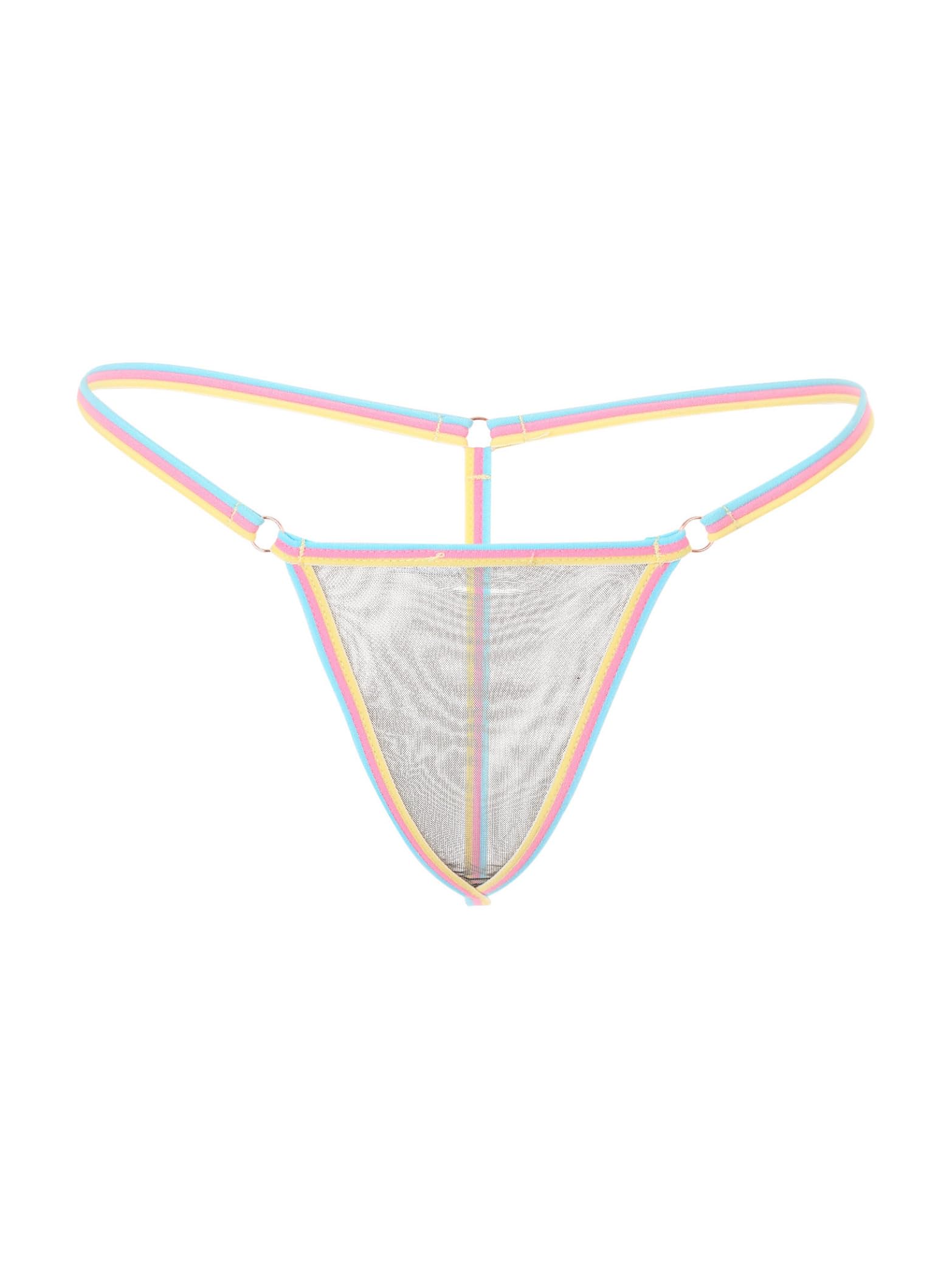 Vxuxlje Womens Sheer Mesh T-back Underwear Candy Colored Striped Low Rise Mini Thongs Panties