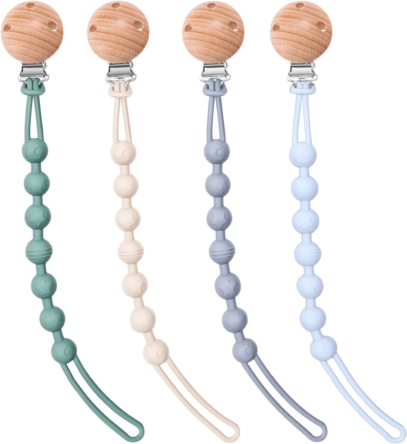 AIXMEET 4-Pack Silicone Pacifier Clip Holder, Soft Flexible Binky Clips, Food Grade Silicone Pacifier Strap with Clip, Teethers Toys Clips, for Baby Boy and Girl,One Piece Design