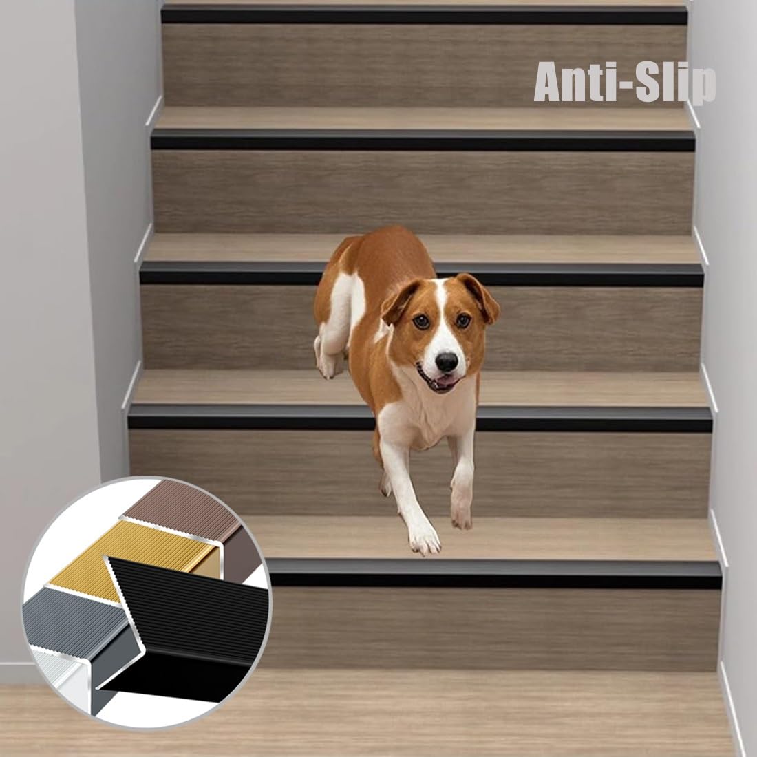 Nariz de metal para escalera, 100/120/130 cm, perfil de borde antideslizante para uso en interiores y exteriores (oro rosa, 120 cm/4 pies) – Protector de peldaños de escalera de seguridad