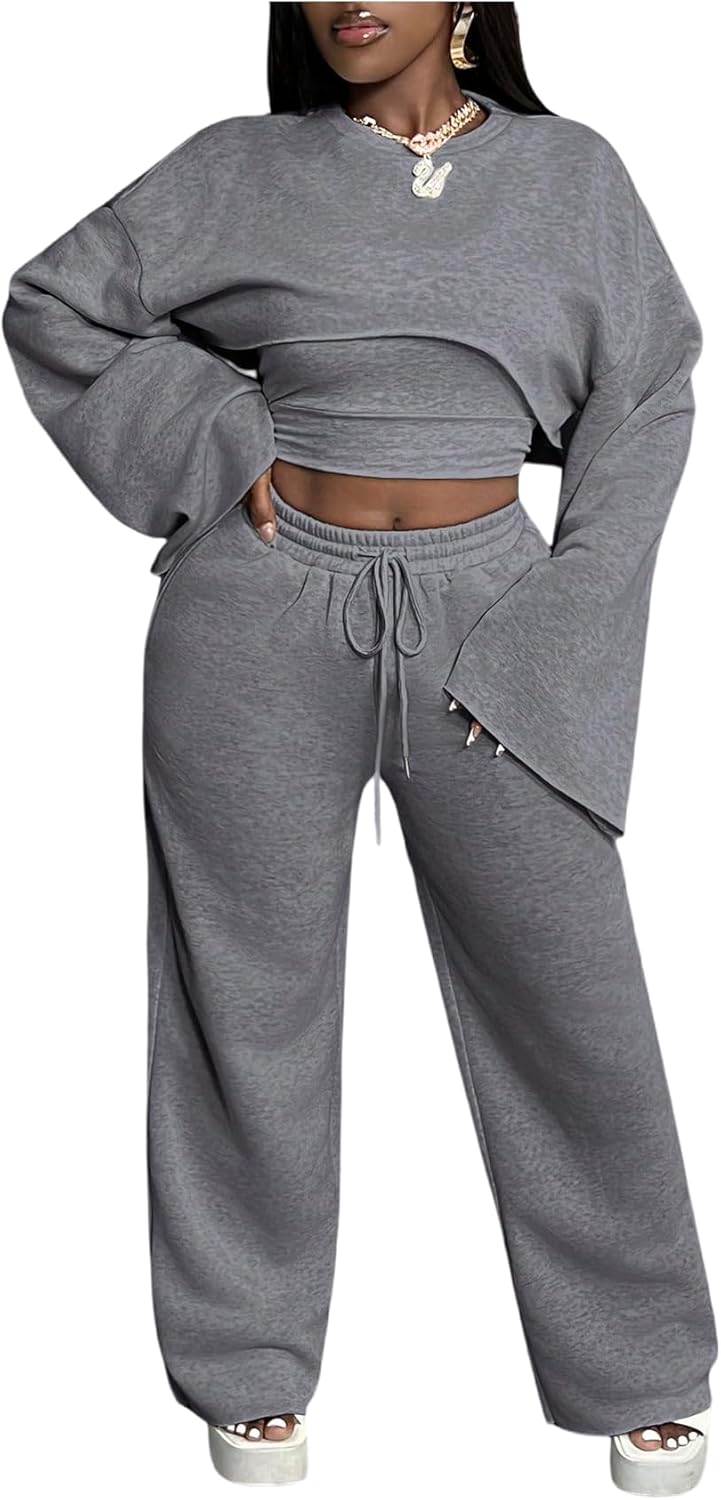 WDIRARA Women's 3 Piece Outfit Tracksuits Long Sleeve Sweatshirt Tank Top Sexy Pants Set Sweatsuit
