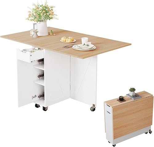 3imothrix Mesa de comedor plegable, mesa de comedor con cajón y almacenamiento y estantes, mesa de comedor que ahorra espacio con 6 ruedas, mesa de