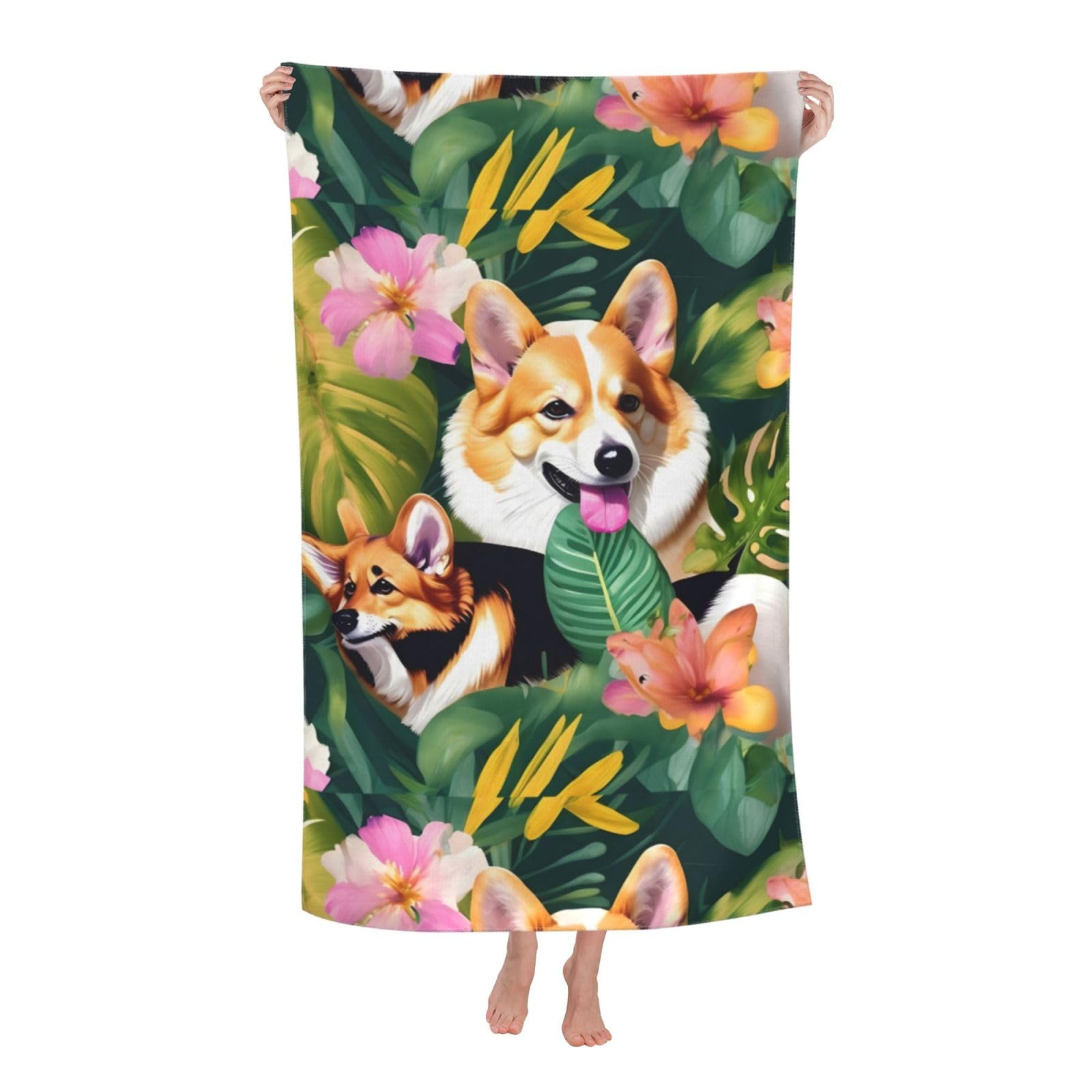Cbaaghh Tropical Flower And Corgi Print Adult Beach Towels,Beach & Pool Towel,Beach Towels,Towels For Camping