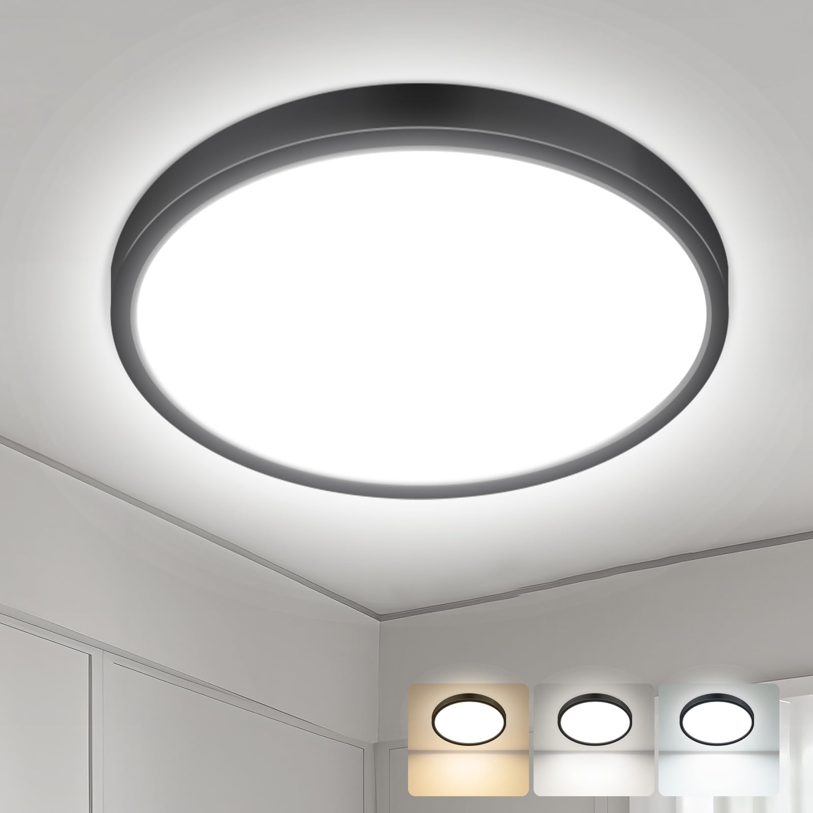 hepside LED Ceiling Light,3000K/4000K/6500K 3 Color Temperature, Waterproof IP54 LED Ceiling Lamp, Modern,Round Flush Ceiling Light for Bathroom, Living Room,Bedroom, Kitchen, Hallway 49CM(Black) โ image 1