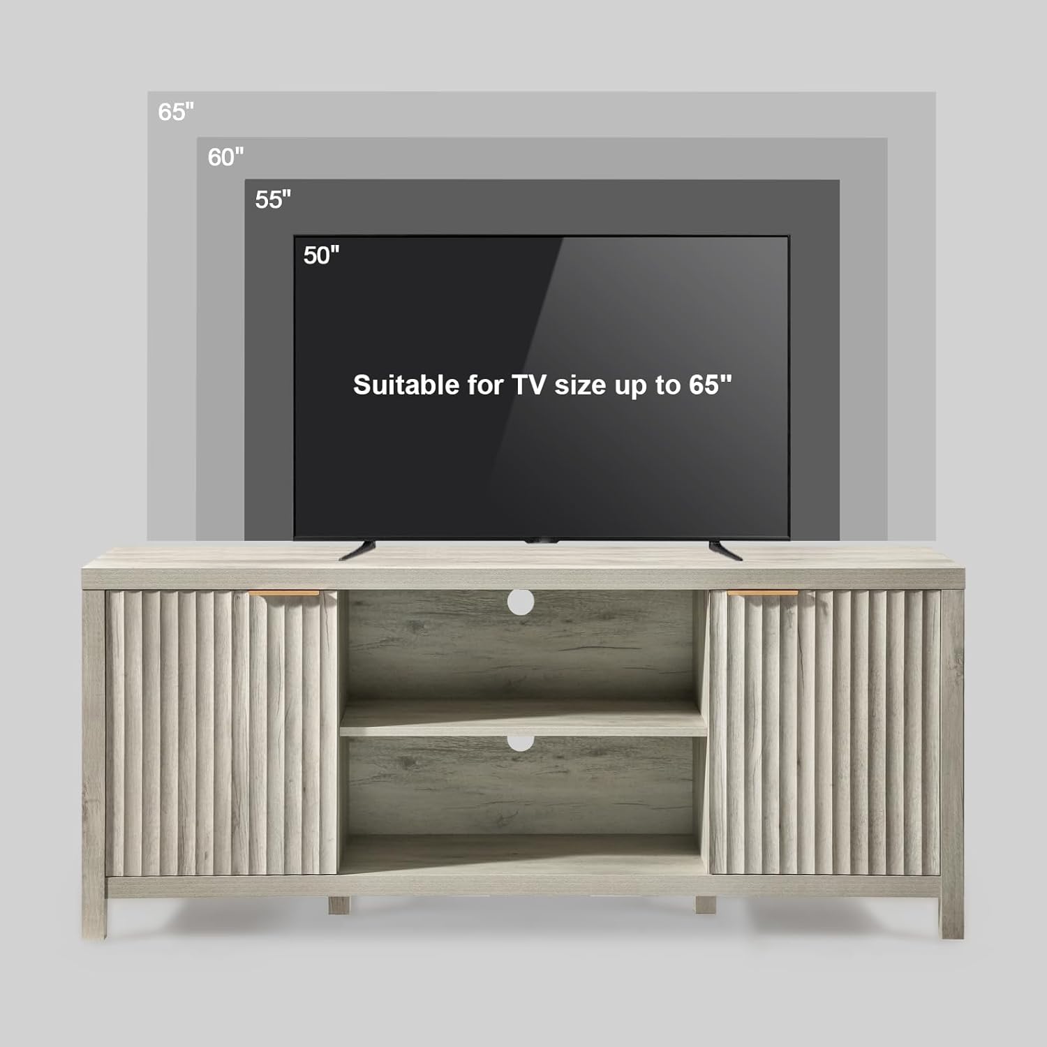 Fluted TV Stands for Living Room, Heavy Duty Entertainment Center with Storage, Mid Century Modern Television Stands for 50/55/60/65 TV, Oxford Media TV Console (Grey Oak)