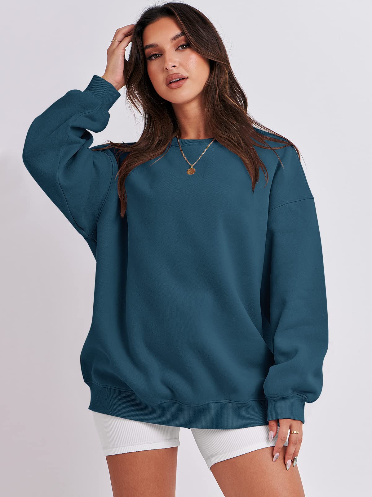 Damskie bluzy oversize bluzy z kapturem polar okrągły dekolt sweter top codzienne jesienne stroje preppy ubrania nastolatki 2024 A1019 światło, Jeden kolor, Deep Blue_L