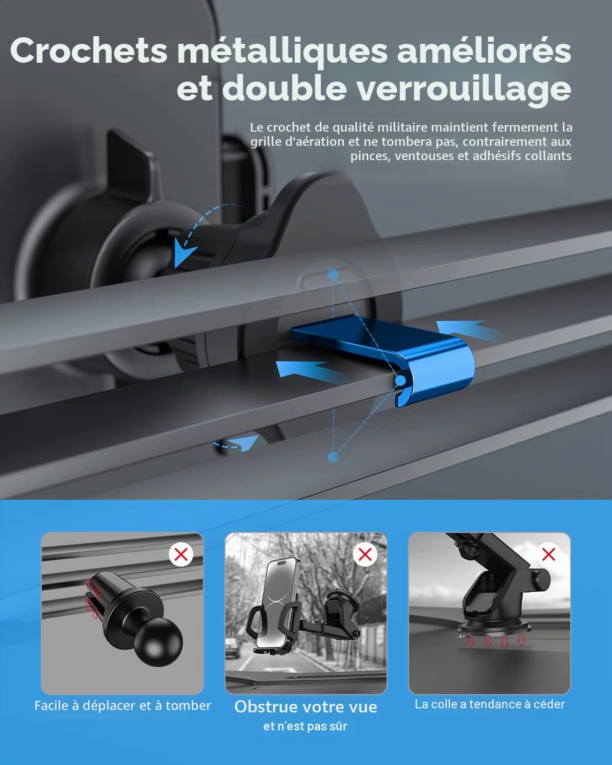 Support Téléphone Voiture [Clip de Qualité Militaire] pour Smartphone 4-7", Accroche Téléphone Rotatif à 360° – Compatible iPhone 16/15/14/13 Pro Max, Samsung/Xiaomi/Huawei