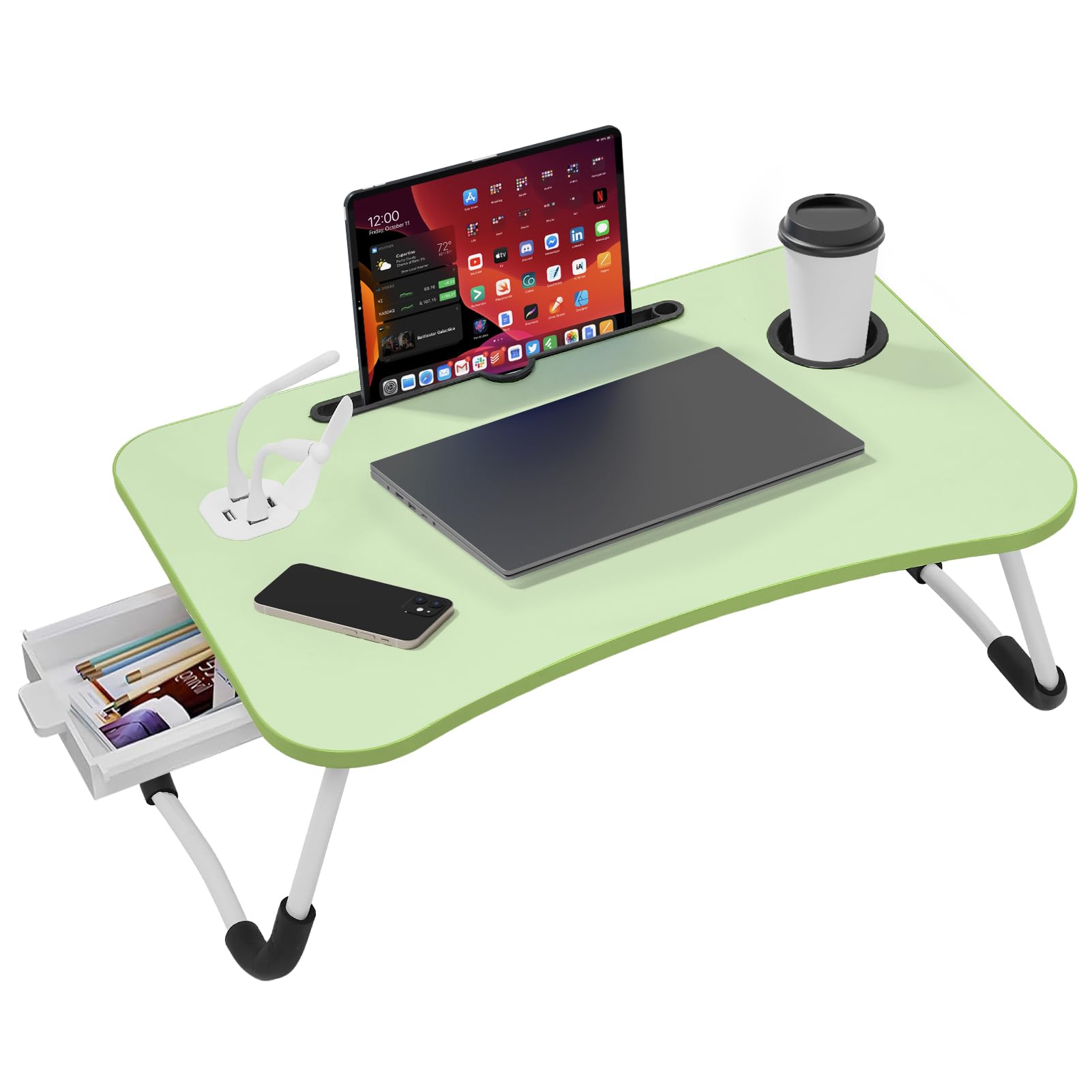 Warmiehomy Laptop Table with USB Ports, Foldable Laptop Bed Table, Laptop Desk with Cup Holder and Side Drawer, Small Fan and Small Lamp, Bed Tray with Legs