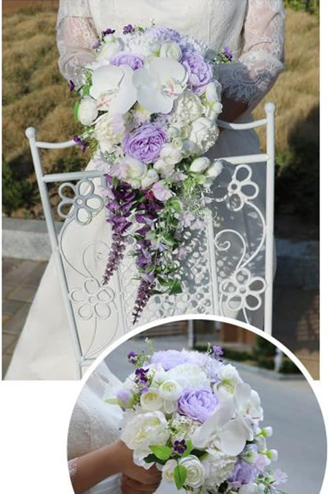 Wedding Bouquet Bride Flower Bridal Bouquets, Water Drop Shape Wedding Bouquets for Bride Bridesmaid Bouquet Artificial Rose Artificial Flower Fake Orchid Bouquet Holding Flower