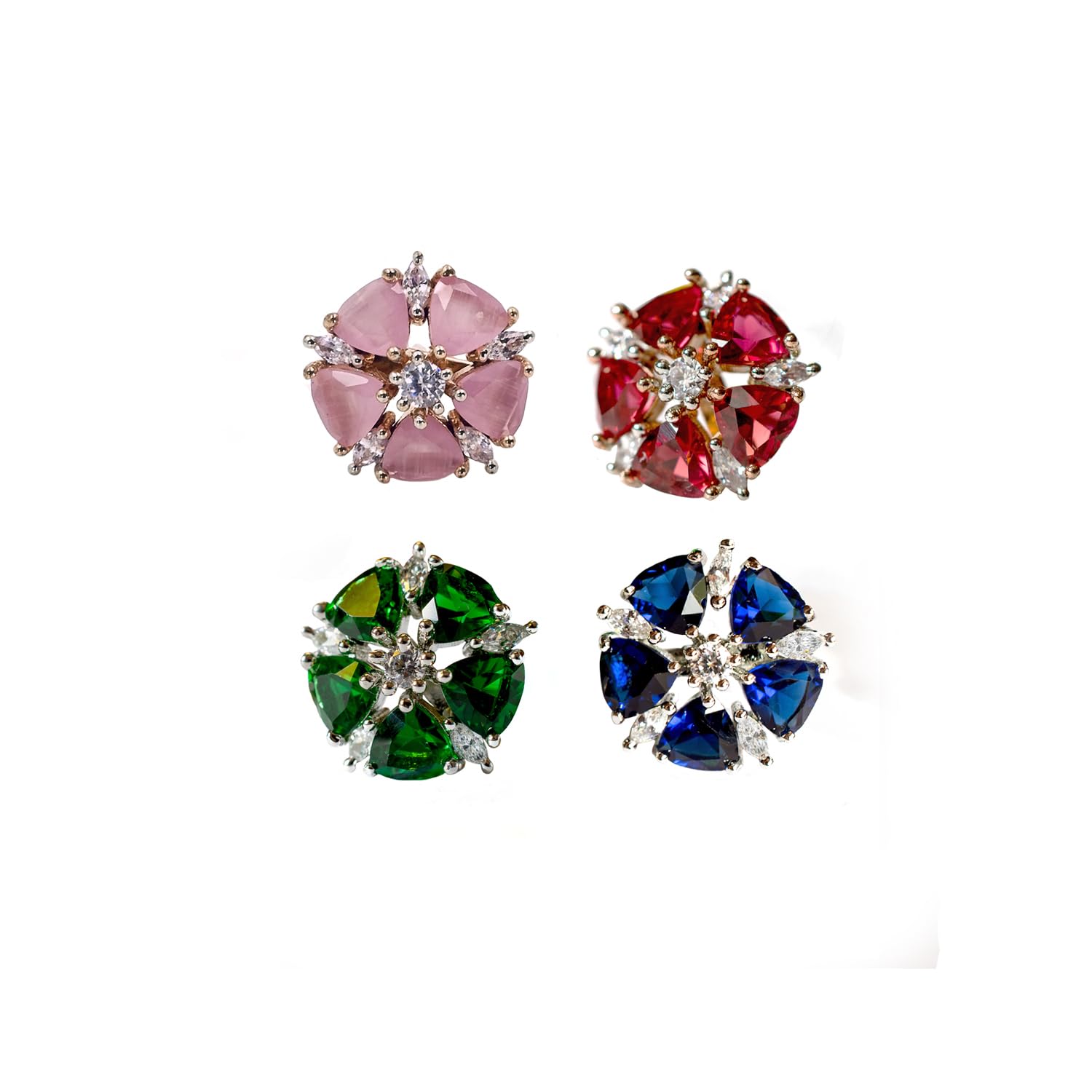 Golden Ring Latest AAA Quality CZ Crystal Flower Stud Tops Earrings for Women and Girls (Rose Red+Rose Pink+Silver Green+Silver Blue) (B0CG9Y2446) Amazon Price History, Amazon Price Tracker