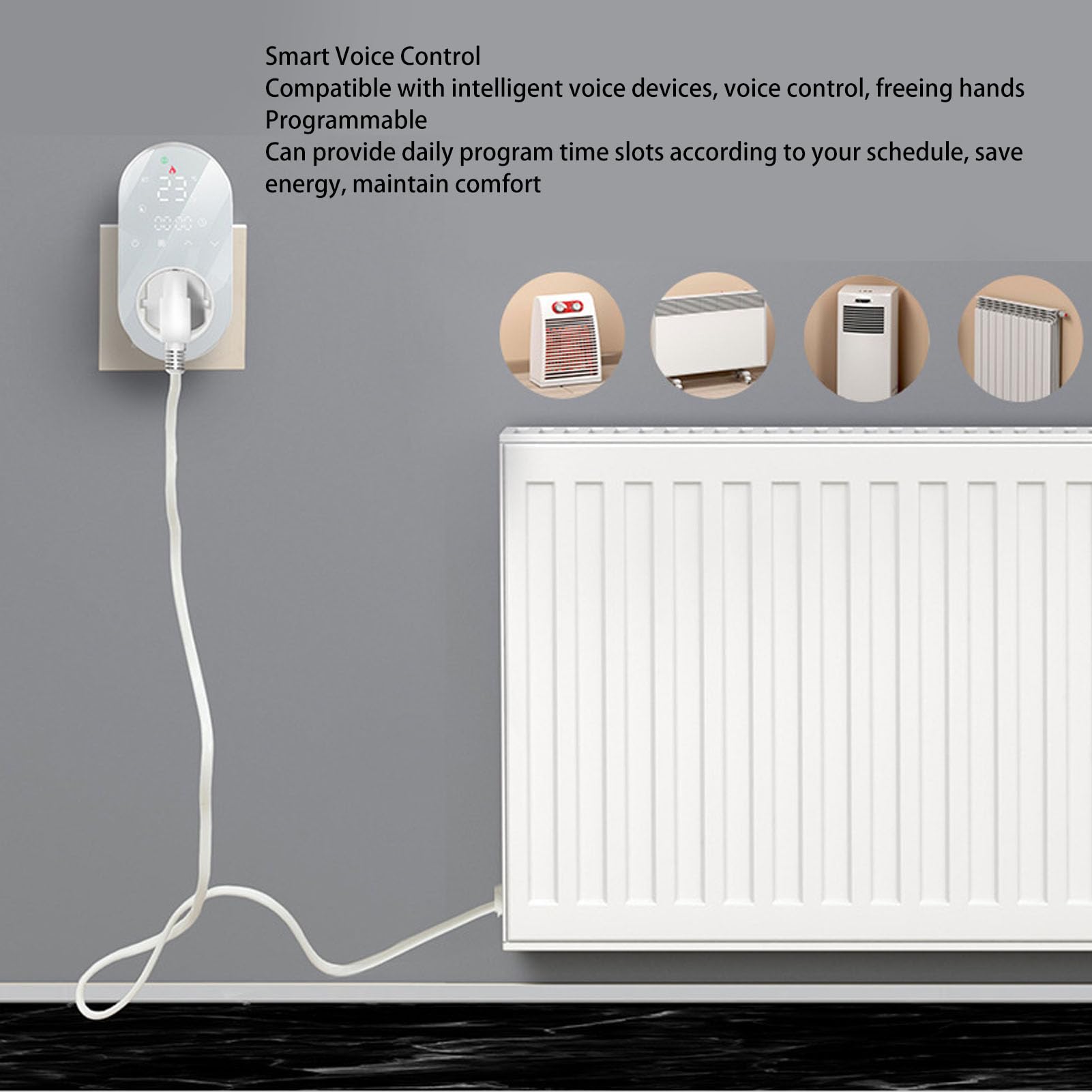 Marhynchus Plug-in-Thermostat, WiFi, Digitaler Thermostat, Steckdose, ABS, 16 A, 41 Bis 194 Fahrenheit, APP, Sprachsteuerung, Programmierbarer Timer, LED-Touch-Display für die Heimheizung (White)
