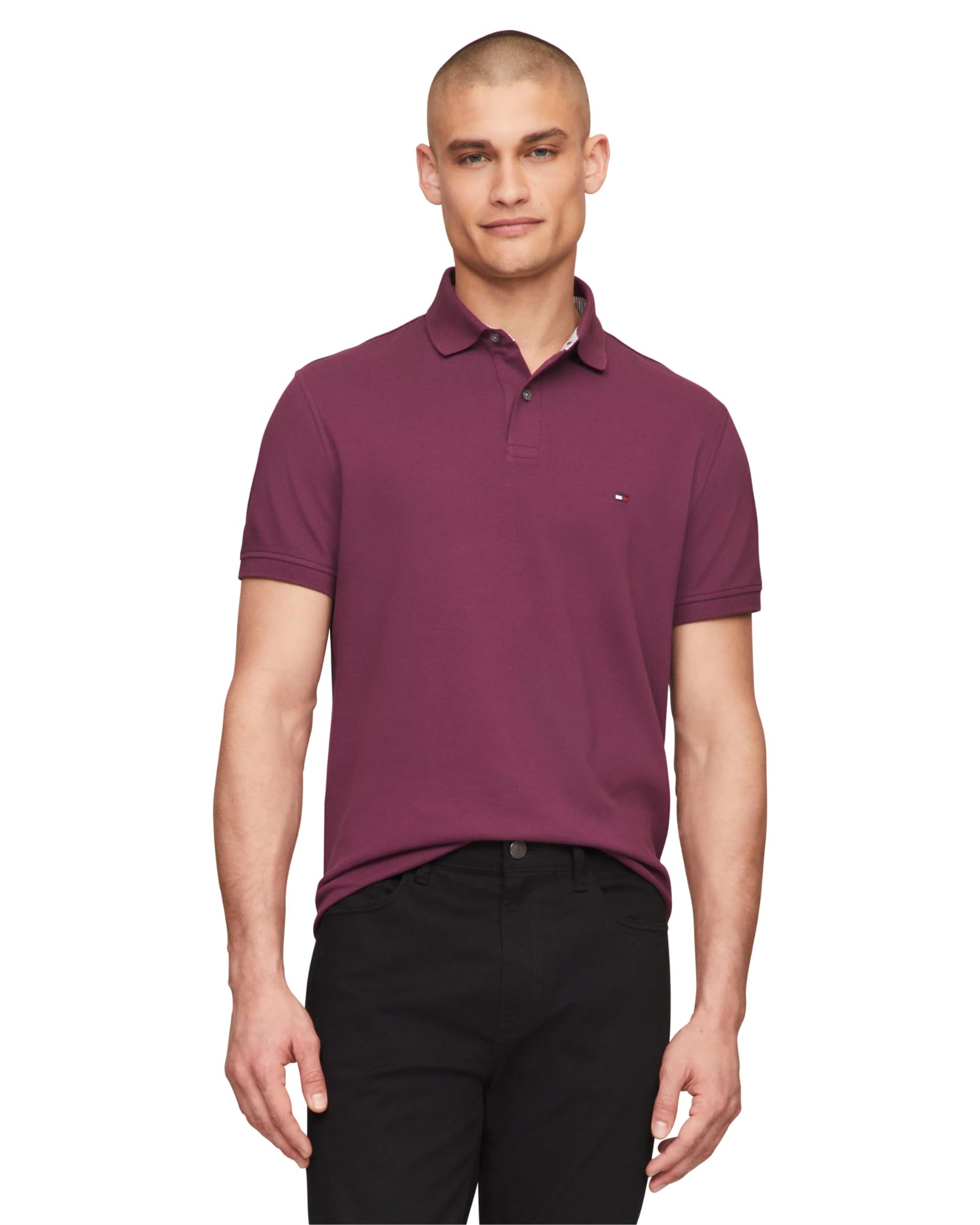 Tommy Hilfiger Men's Short Sleeve Polo Shirts in Slim Fit with Stretch and Organic Pique Cotton, Heritage Plum, XXL