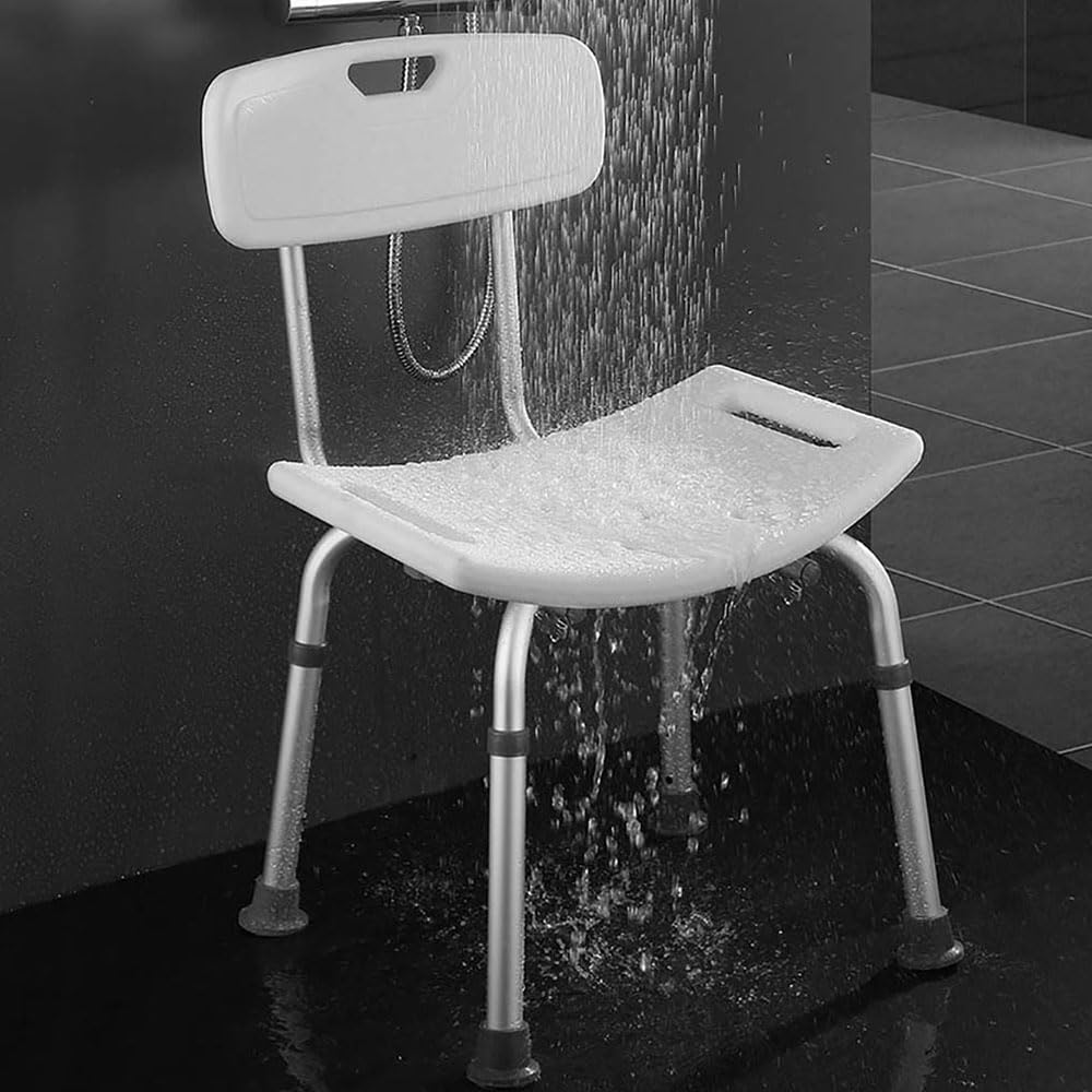 Banqueta para ducha regulable en altura con respaldo y asiento ABS, patas antideslizantes, acabado en blanco