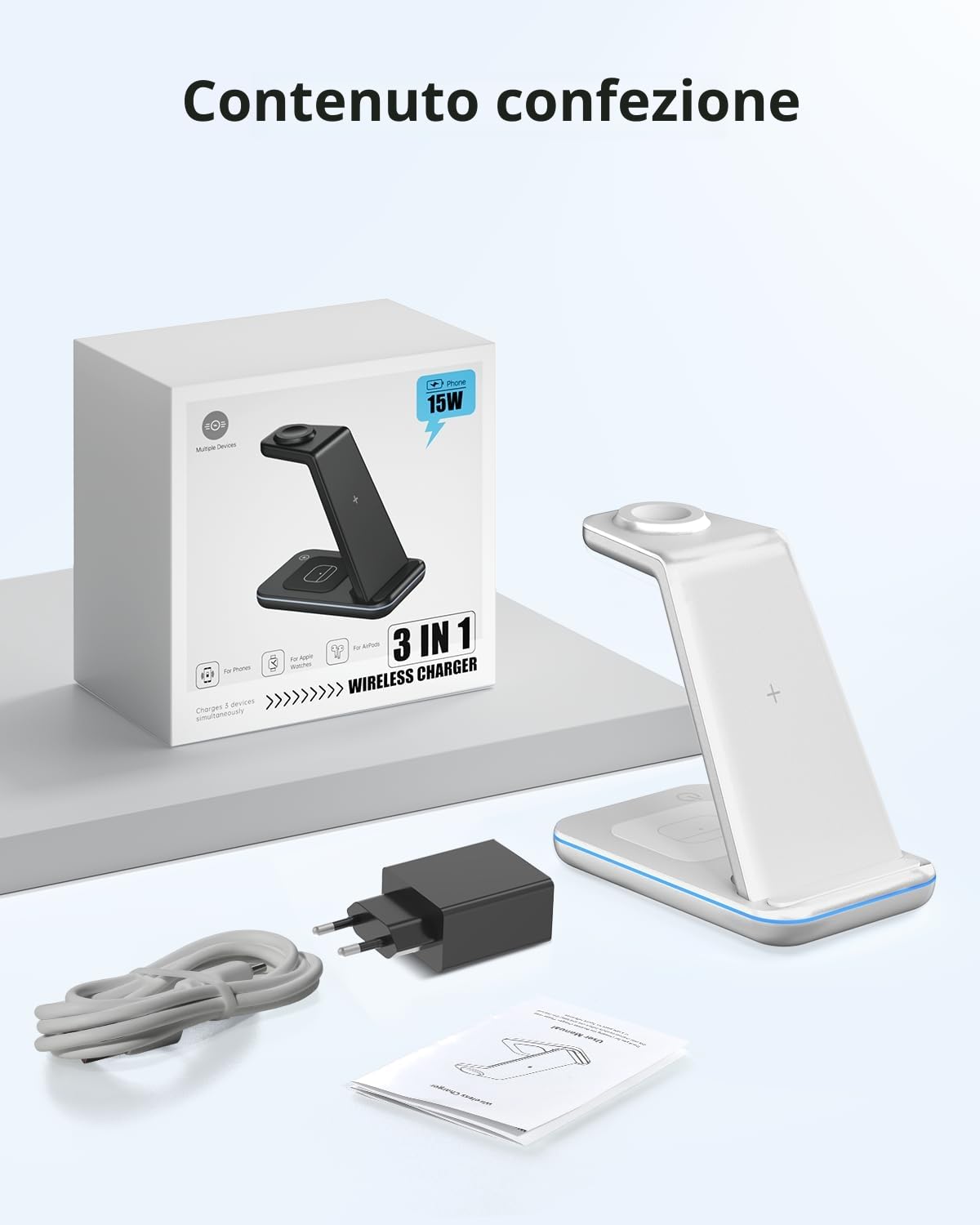 GEEKERA Stacja Ładowania Bezprzewodowa dla Apple iPhone Air/17/16/15/14/13/12/11/X/8, Apple Watch Ultra/11-2/SE, AirPods Pro-2, Srebrny