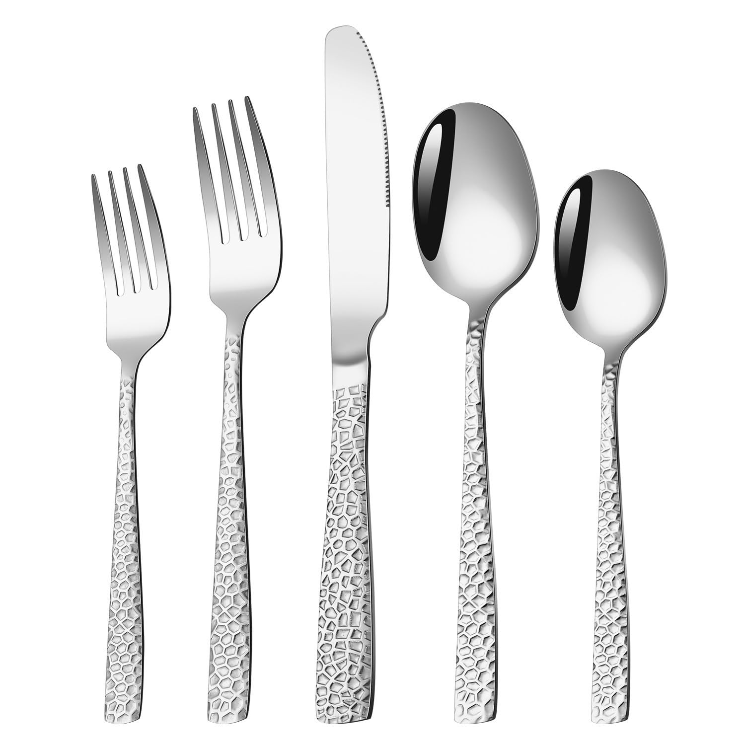 OLSKFUH Cutlery Flatware Cutlery Set, 5/20/30/40/50/60Pcs Stainless Steel Hammered Square Handle Cutlery Steak Cutlery,Silver-5 Pieces for 1